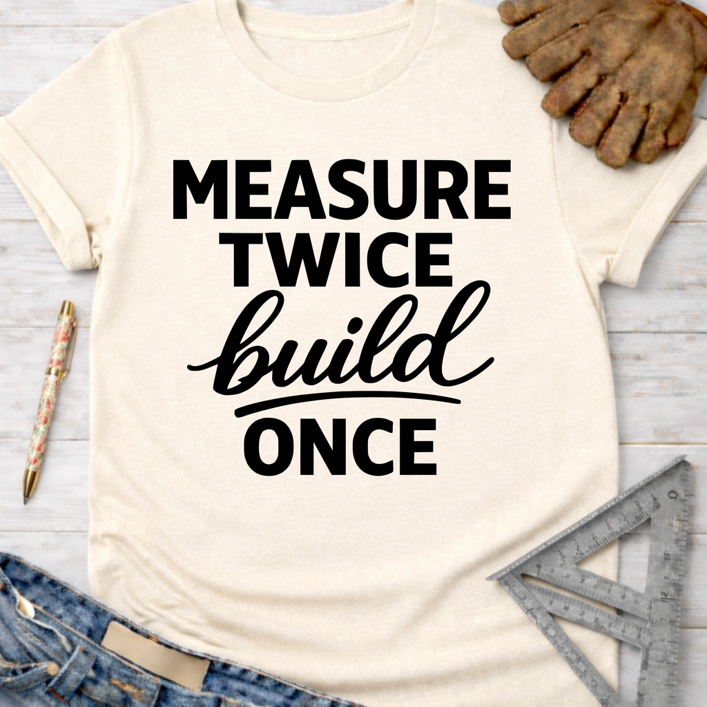 Women's funny woodworking graphic tee shirt for female woodworkers, makers, and DIY builders — Sawdust & Ponytails. Cream t-shirt with "Measure Twice Build Once" in black text.