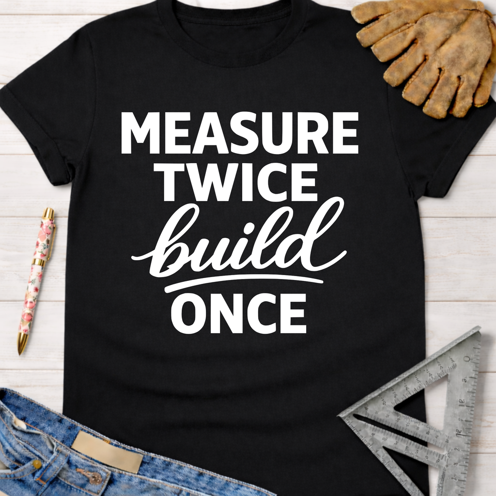 Black cotton Women's funny woodworking graphic tee shirt for female woodworkers, makers, and DIY builders — Sawdust & Ponytails, featuring "Measure Twice Build Once" in white text.