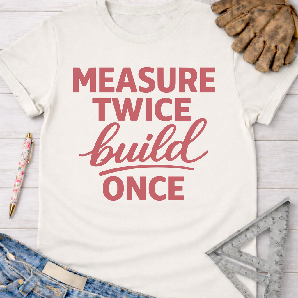 Women's funny woodworking graphic tee shirt for female woodworkers, makers, and DIY builders — Sawdust & Ponytails. White cotton tee with "Measure Twice build Once" in pink text.