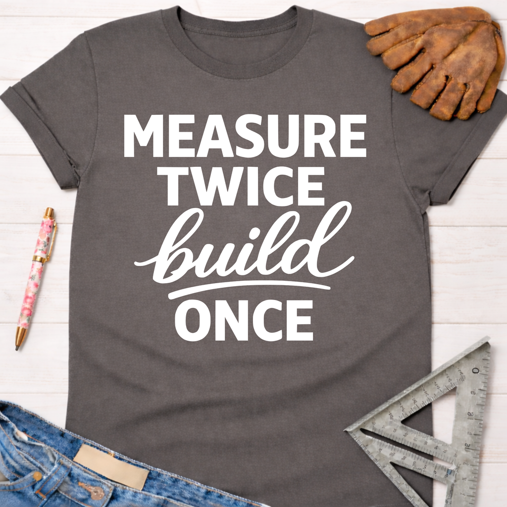 Women's funny woodworking graphic tee shirt for female woodworkers, makers, and DIY builders — Sawdust & Ponytails. Dark gray t-shirt with "MEASURE TWICE build ONCE" in white text.