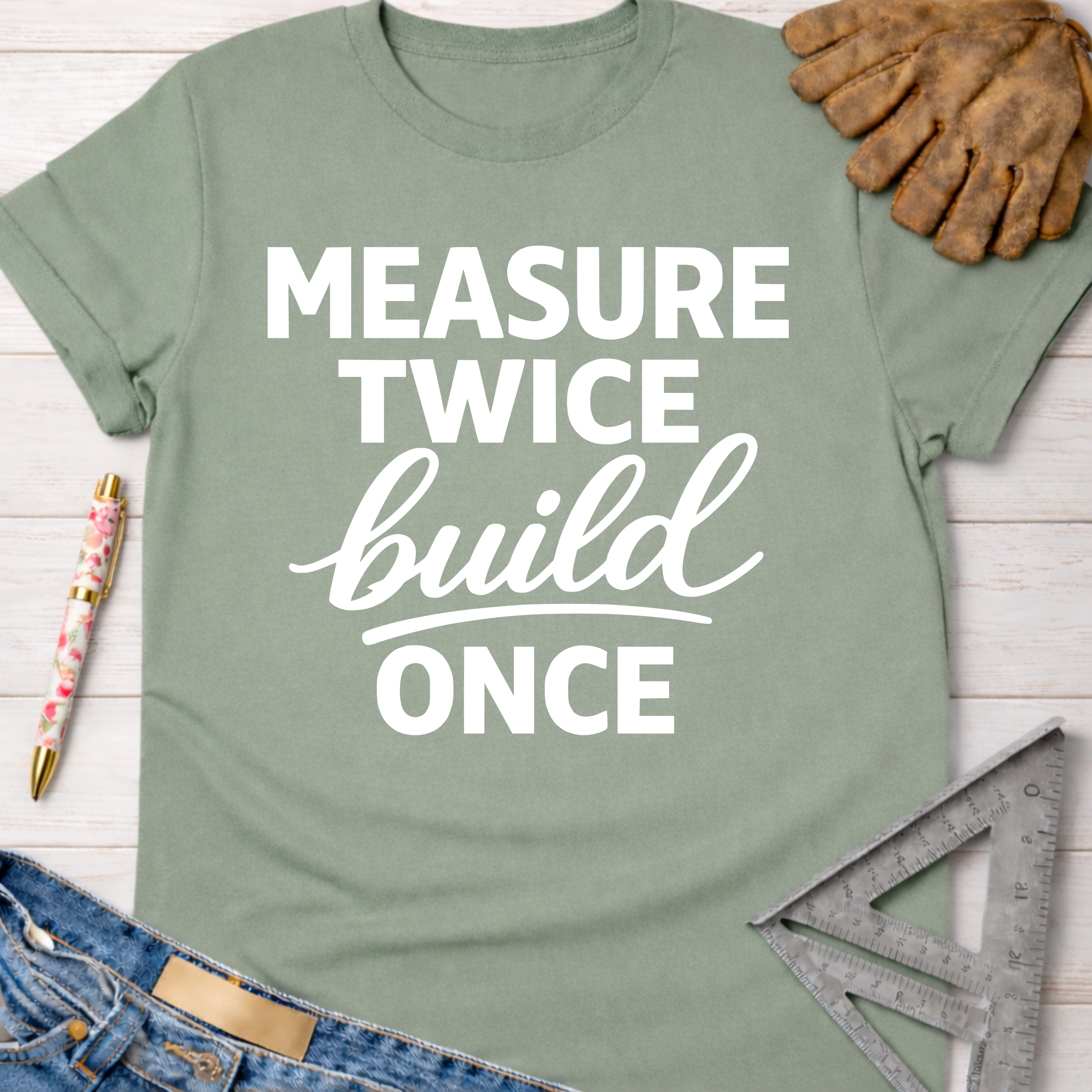 Women's funny woodworking graphic tee shirt for female woodworkers, makers, and DIY builders — Sawdust & Ponytails. Sage green cotton t-shirt with "MEASURE TWICE build ONCE" in white text.