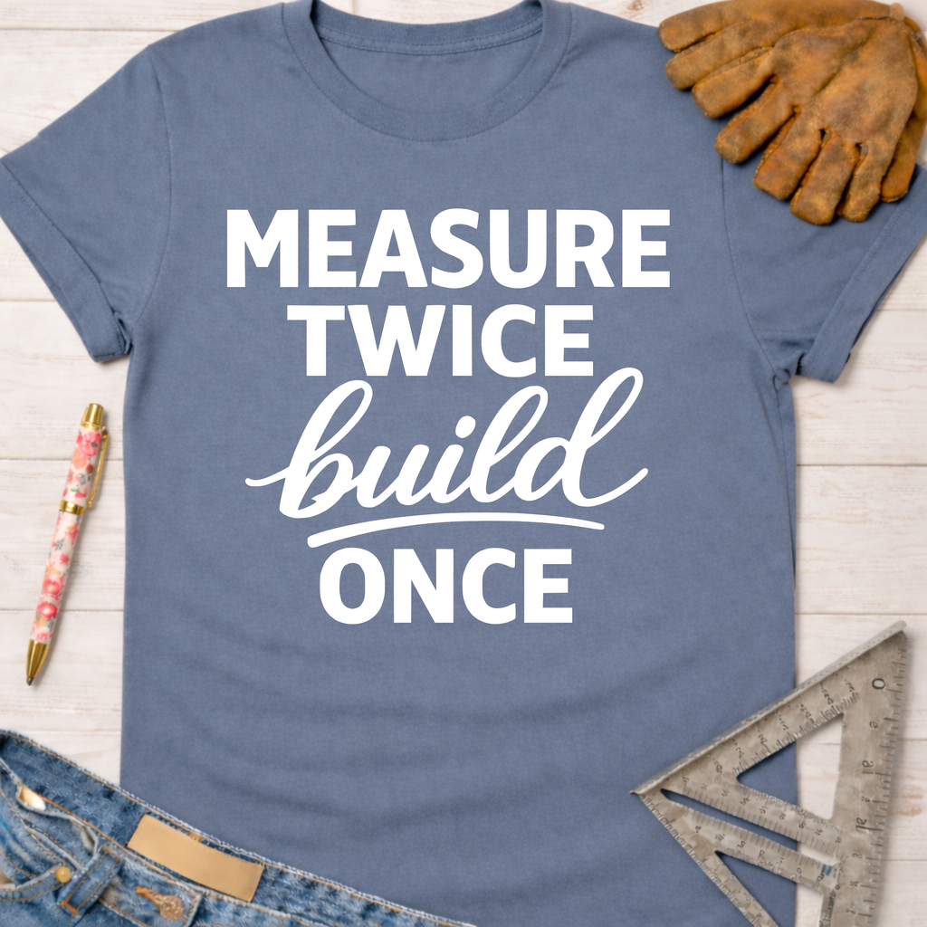 Women's funny woodworking graphic tee shirt for female woodworkers, makers, and DIY builders — Sawdust & Ponytails. Blue cotton tee with "Measure Twice build Once" in white text.