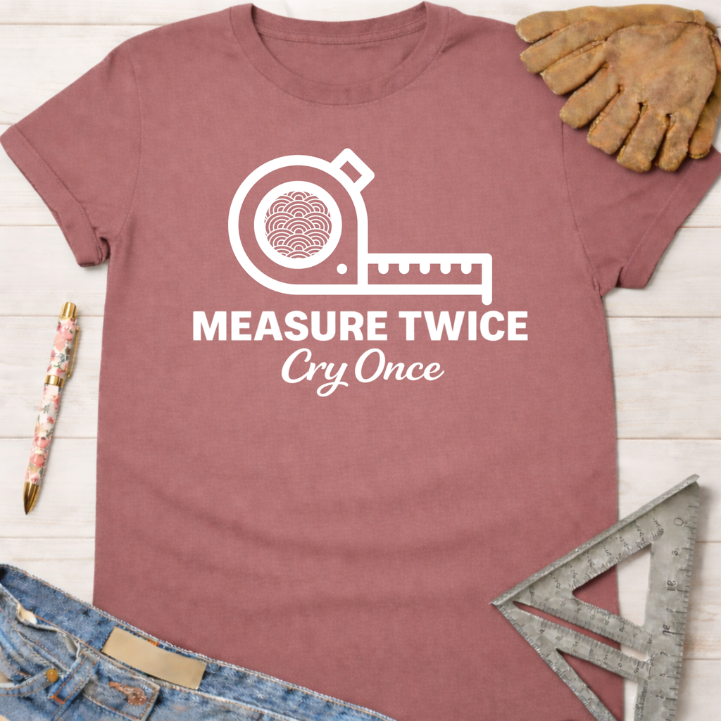 Women's funny woodworking graphic tee shirt for female woodworkers, makers, and DIY builders — Sawdust & Ponytails. Mauve cotton t-shirt with "Measure Twice Cry Once" and tape measure graphic.