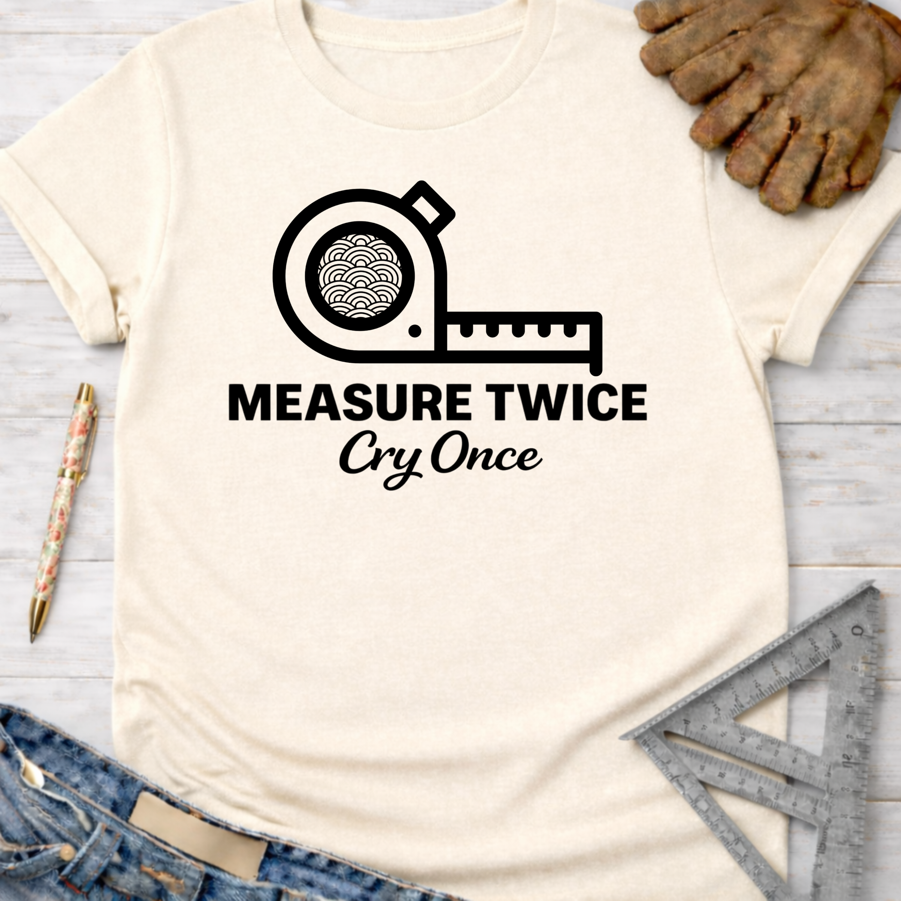 Women's funny woodworking graphic tee shirt for female woodworkers, makers, and DIY builders — Sawdust & Ponytails. Cream t-shirt with "Measure Twice Cry Once" and tape measure graphic.