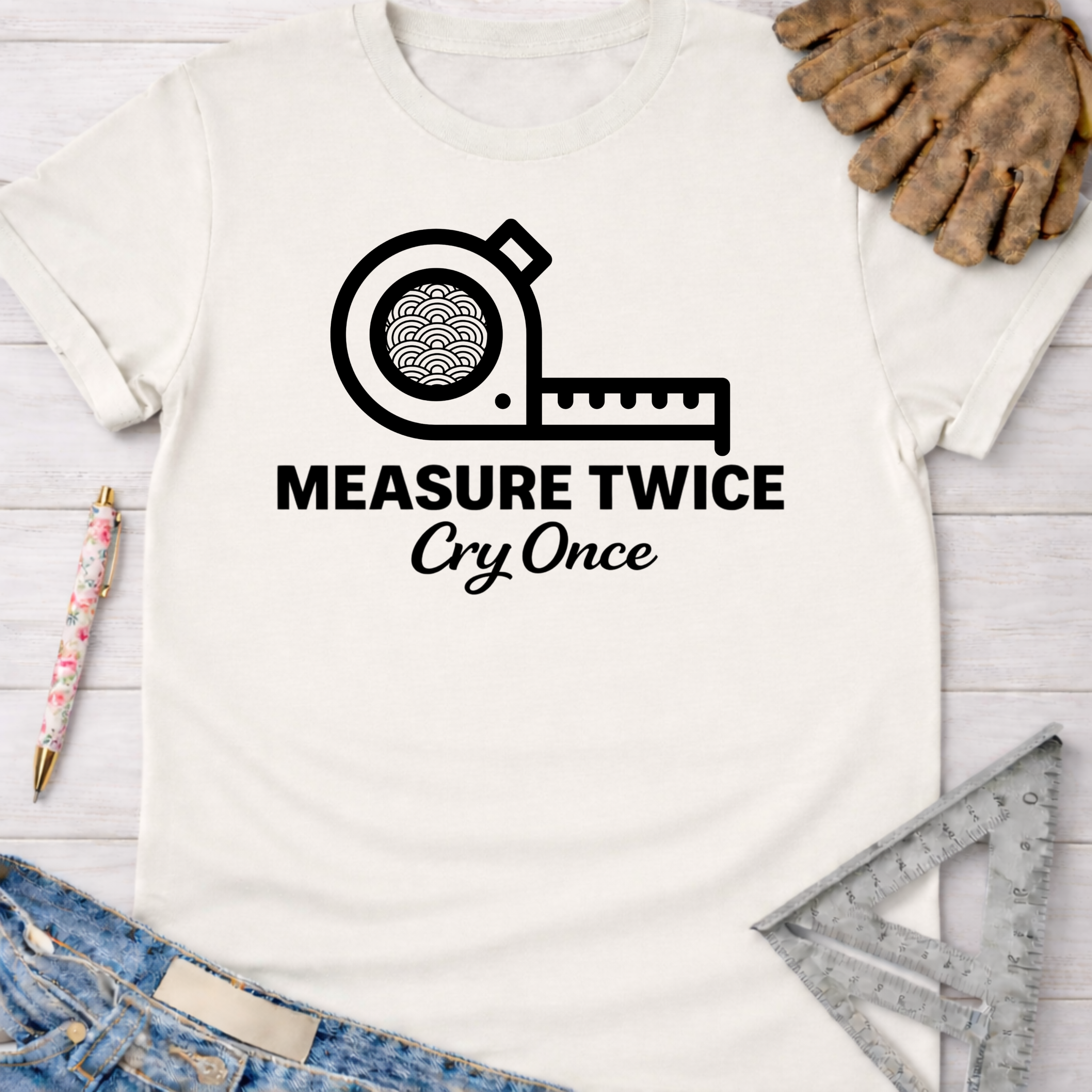 Women's funny woodworking graphic tee shirt for female woodworkers, makers, and DIY builders — Sawdust & Ponytails. White cotton tee with "Measure Twice Cry Once" graphic.