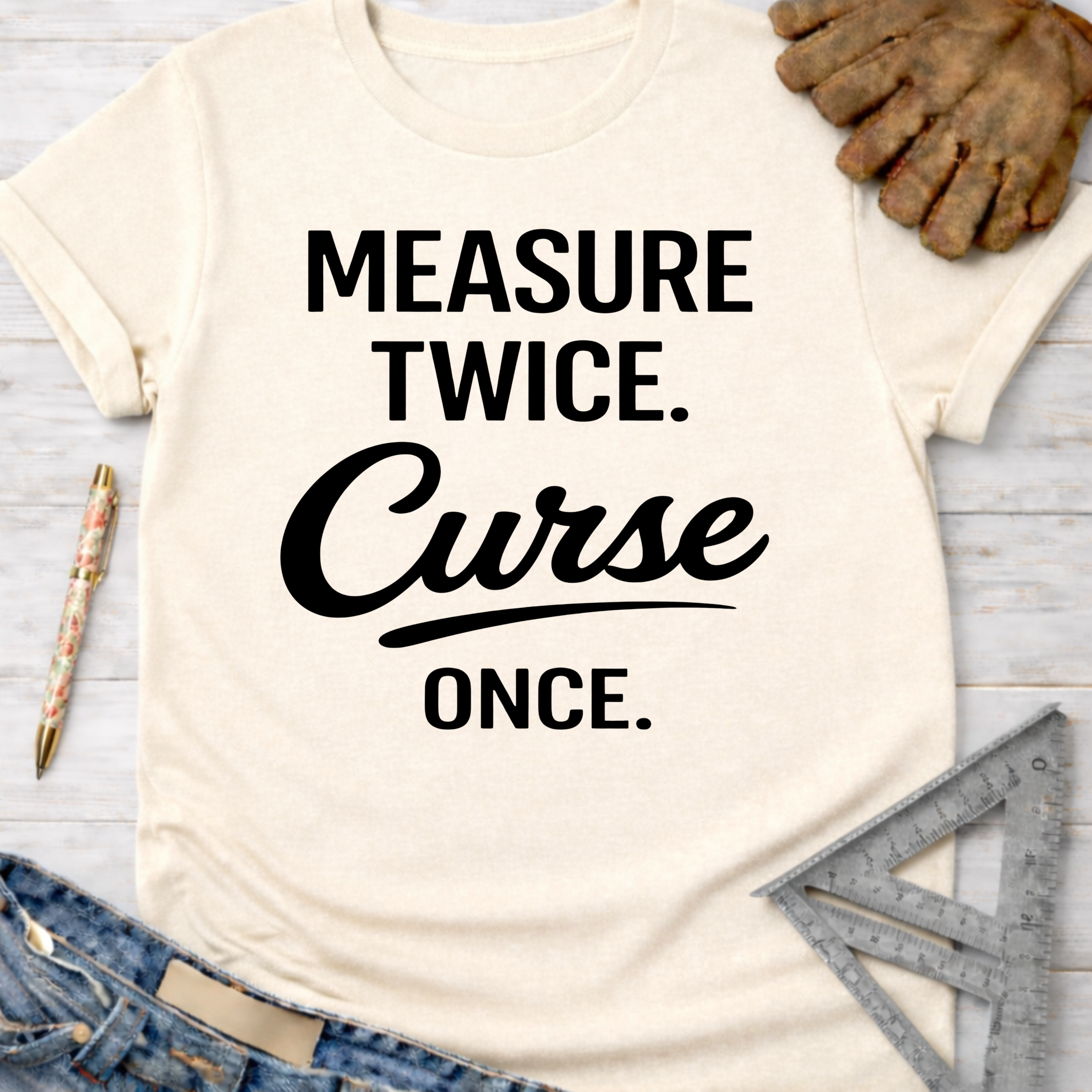 Women's funny woodworking graphic tee shirt for female woodworkers, makers, and DIY builders — Sawdust & Ponytails. Cream t-shirt with "MEASURE TWICE. Curse ONCE." in black text.