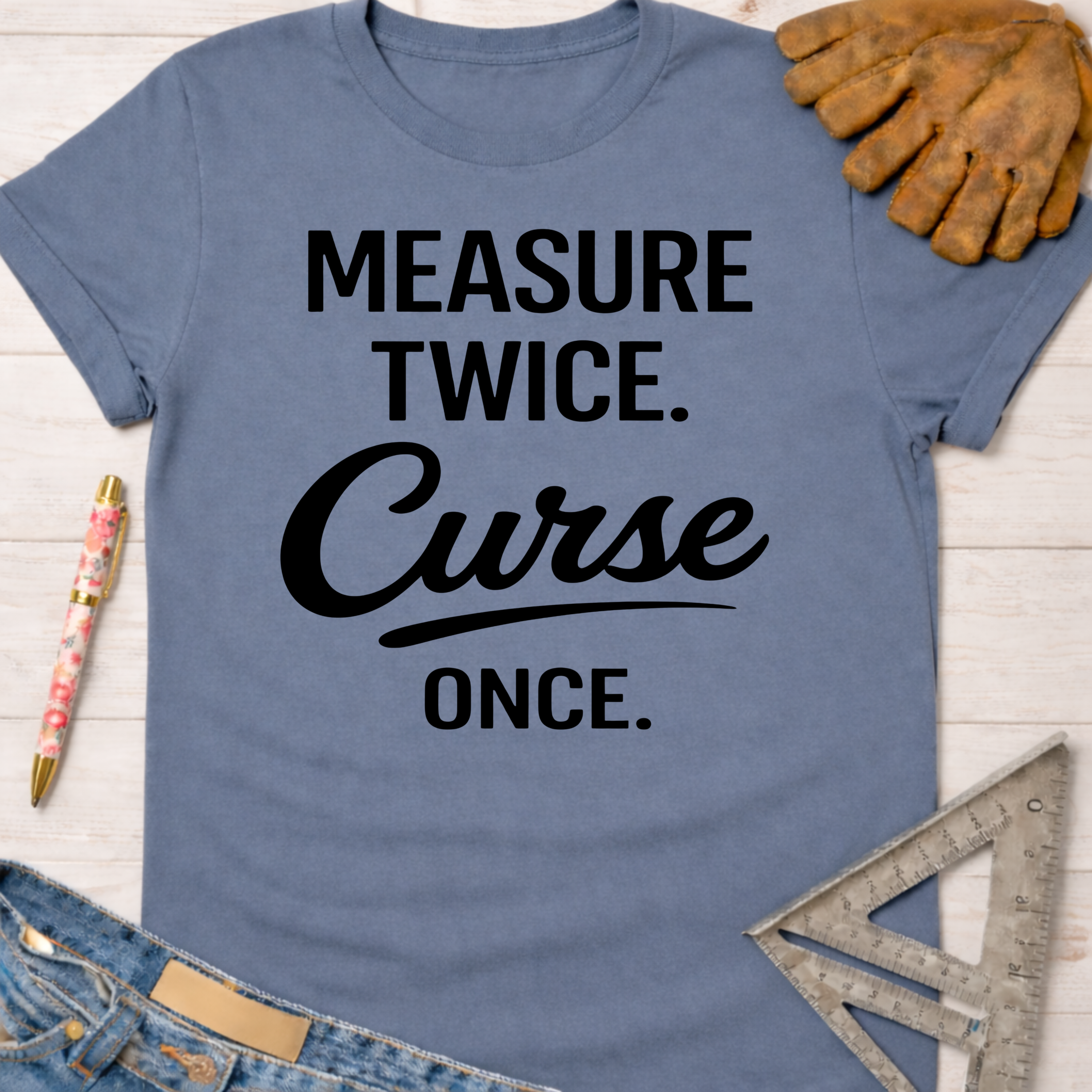 Women's funny woodworking graphic tee shirt for female woodworkers, makers, and DIY builders — Sawdust & Ponytails. Blue cotton tee with "Measure Twice. Curse Once." text.