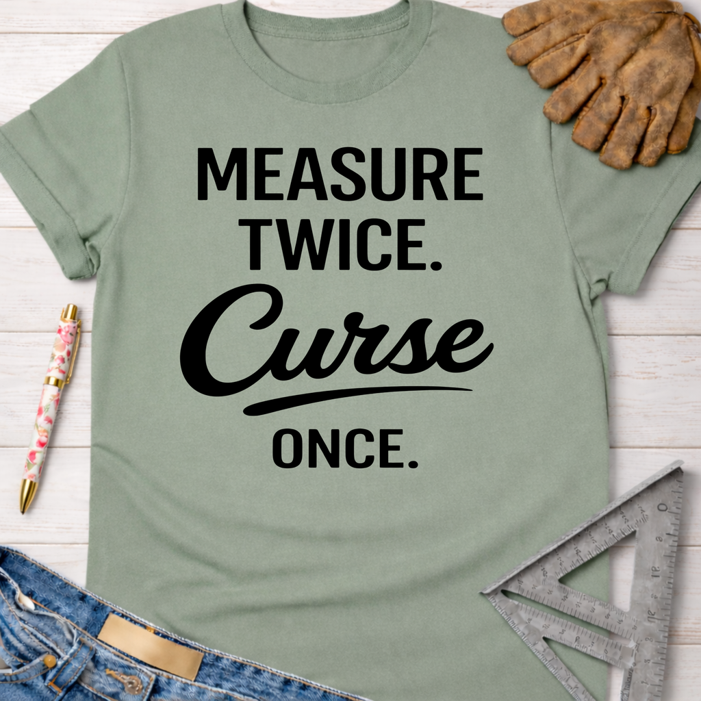 Women's funny woodworking graphic tee shirt for female woodworkers, makers, and DIY builders — Sawdust & Ponytails. Sage green cotton t-shirt with "Measure Twice. Curse Once." in black text.