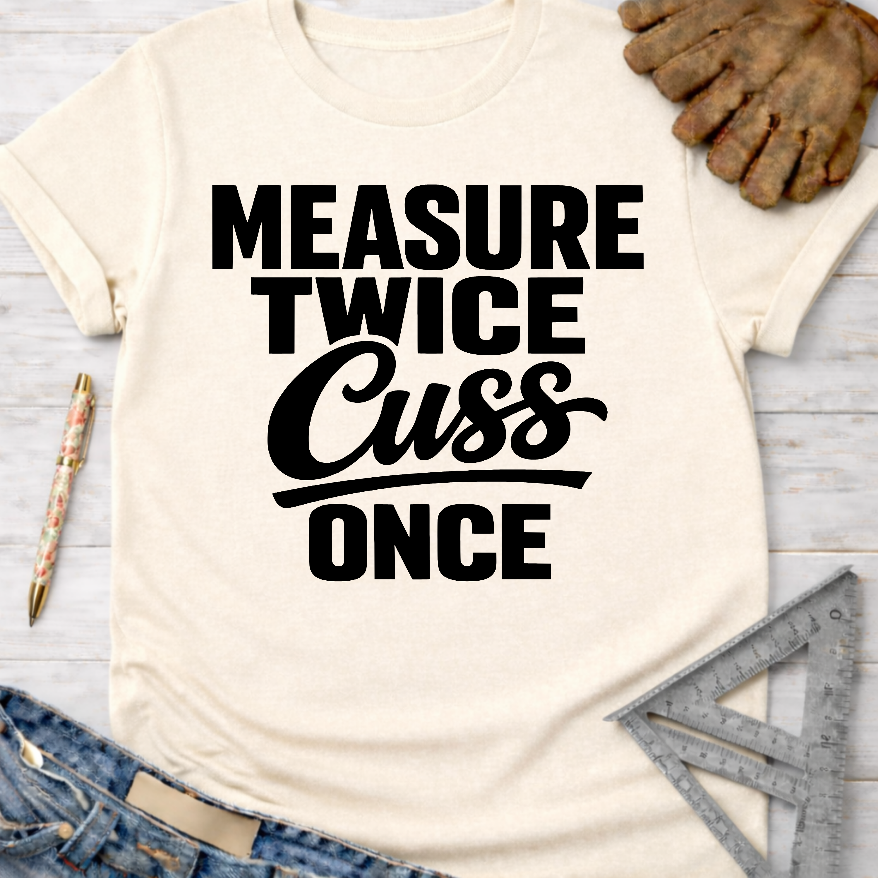 Women's funny woodworking graphic tee shirt for female woodworkers, makers, and DIY builders — Sawdust & Ponytails. Cream t-shirt with "Measure Twice Cuss Once" in black text.