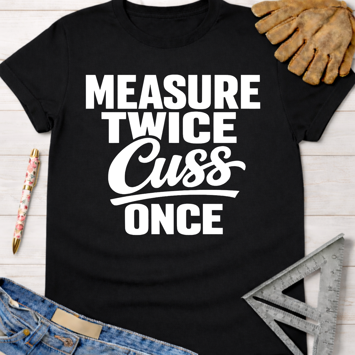 Black cotton "Measure Twice Cuss Once" women's funny woodworking graphic tee shirt for female woodworkers, makers, and DIY builders — Sawdust & Ponytails