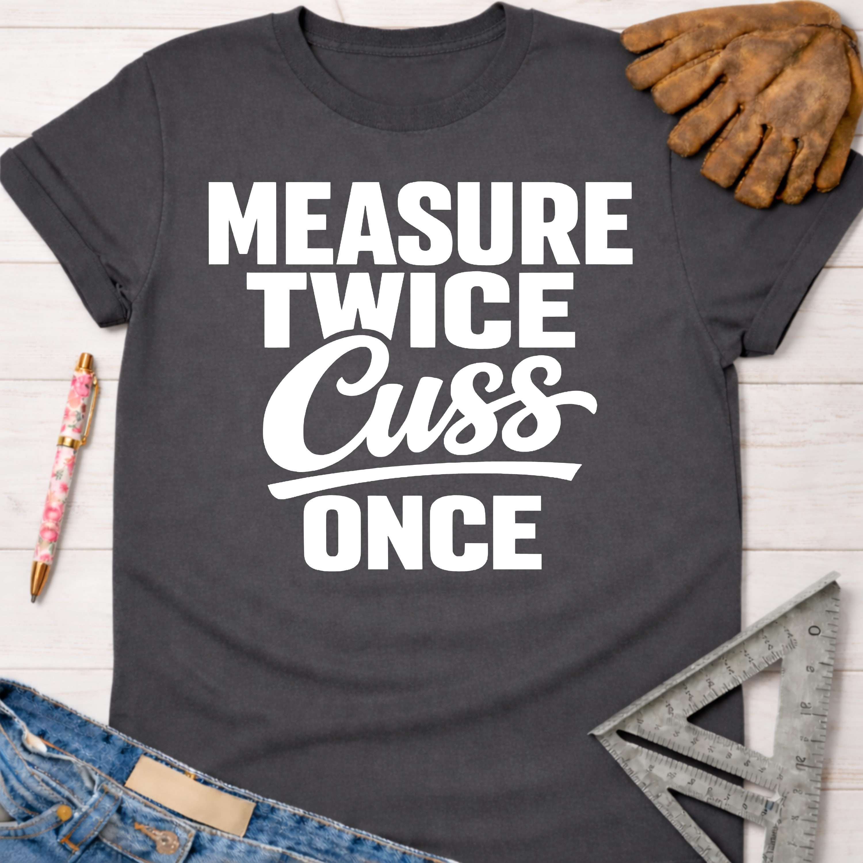 Women's funny woodworking graphic tee shirt for female woodworkers, makers, and DIY builders — Sawdust & Ponytails. Dark gray cotton t-shirt with "Measure Twice Cuss Once" in white text.