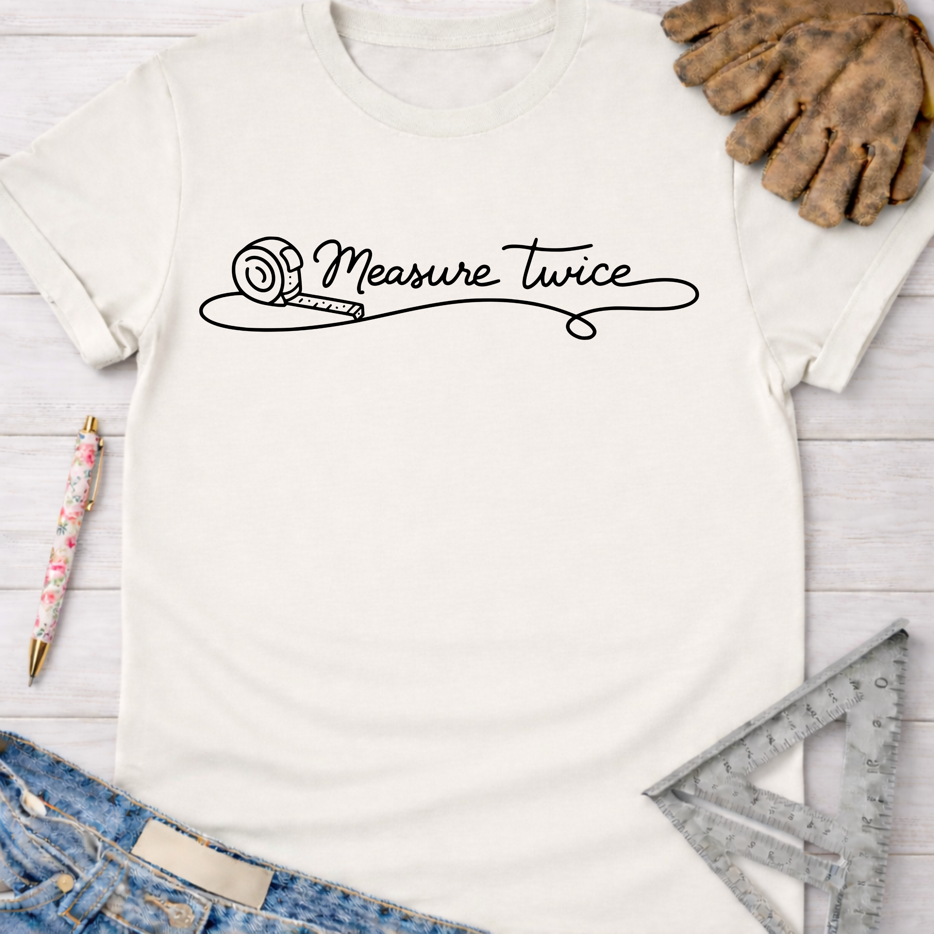 Women's funny woodworking graphic tee shirt for female woodworkers, makers, and DIY builders — Sawdust & Ponytails. Cream t-shirt with "Measure Twice" tape measure line art.