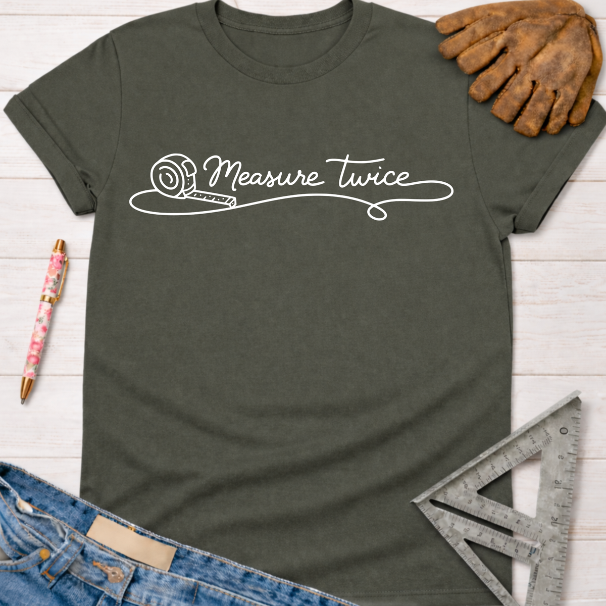 Women's funny woodworking graphic tee shirt for female woodworkers, makers, and DIY builders — Sawdust & Ponytails. Dark gray t-shirt with "Measure Twice" white line art.