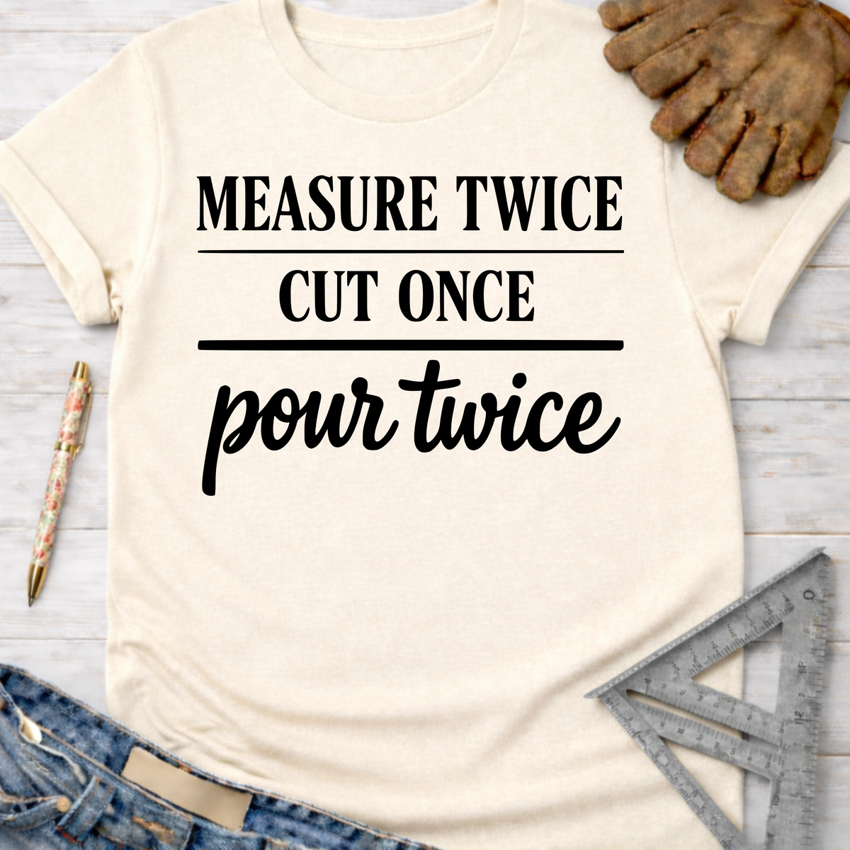 Women's funny woodworking graphic tee shirt for female woodworkers, makers, and DIY builders — Sawdust & Ponytails. Cream t-shirt with "MEASURE TWICE CUT ONCE pour twice" in black text.