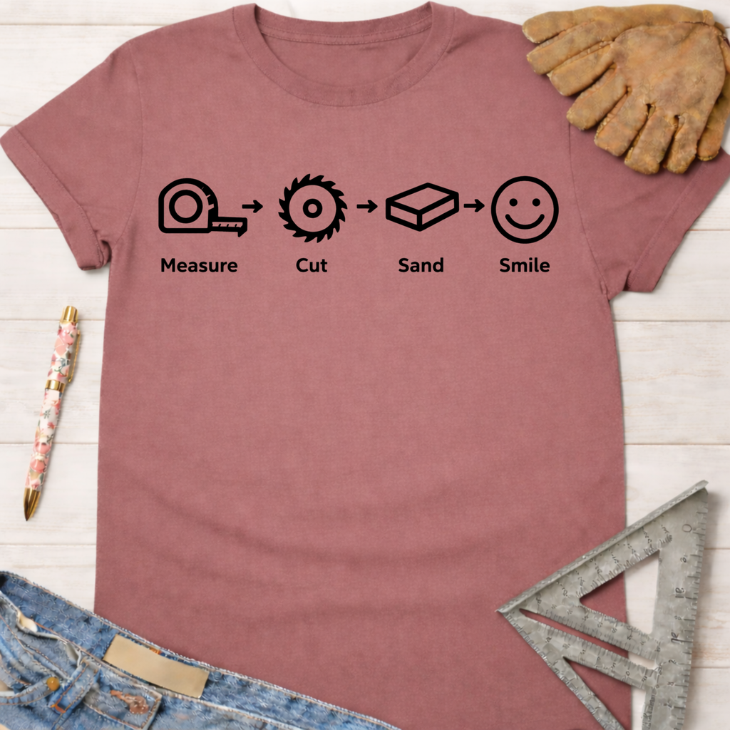 Women's funny woodworking graphic tee shirt for female woodworkers, makers, and DIY builders — Sawdust & Ponytails. Mauve cotton t-shirt with "Measure. Cut. Sand. Smile." icons.