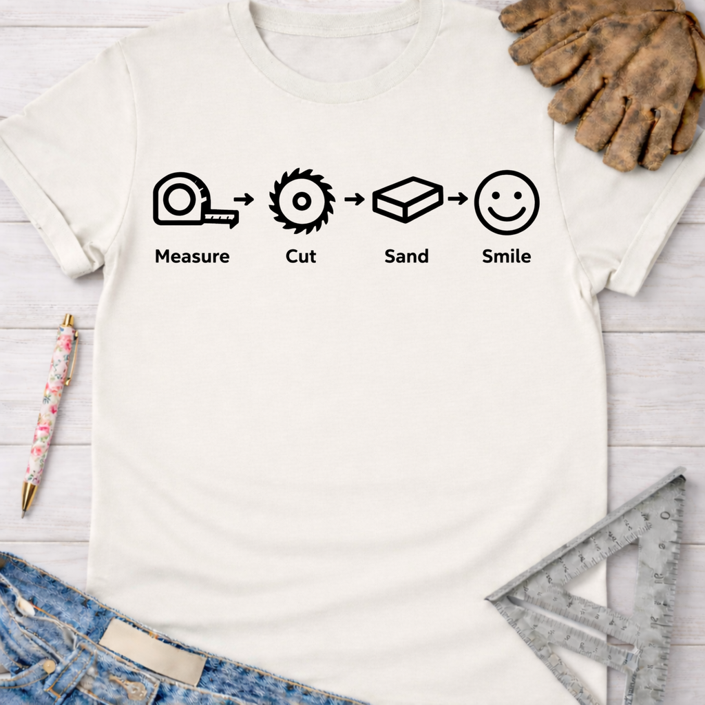 Women's funny woodworking graphic tee shirt for female woodworkers, makers, and DIY builders — Sawdust & Ponytails. White cotton t-shirt with "Measure. Cut. Sand. Smile." icons.