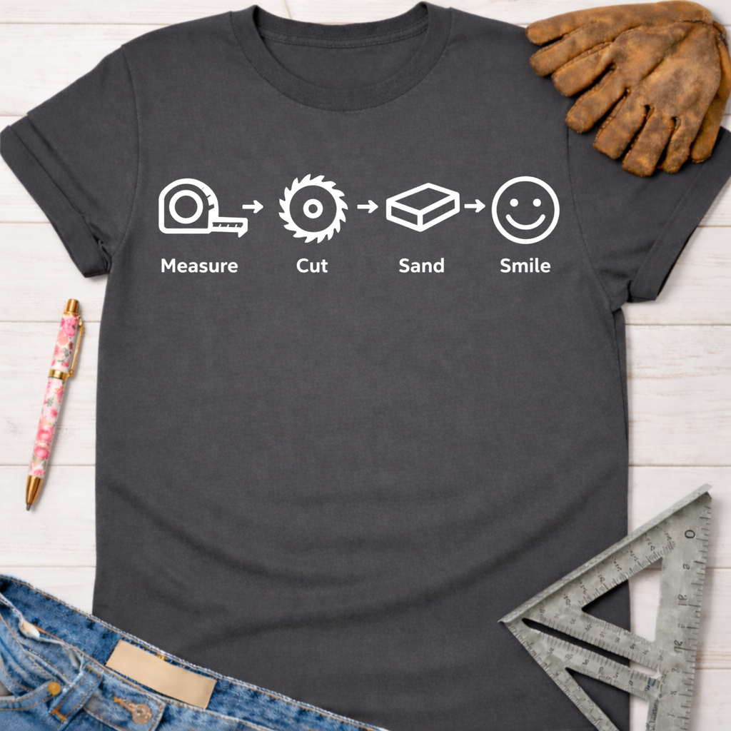 Women's funny woodworking graphic tee shirt for female woodworkers, makers, and DIY builders — Sawdust & Ponytails. Dark gray t-shirt with "Measure. Cut. Sand. Smile." text and icons.