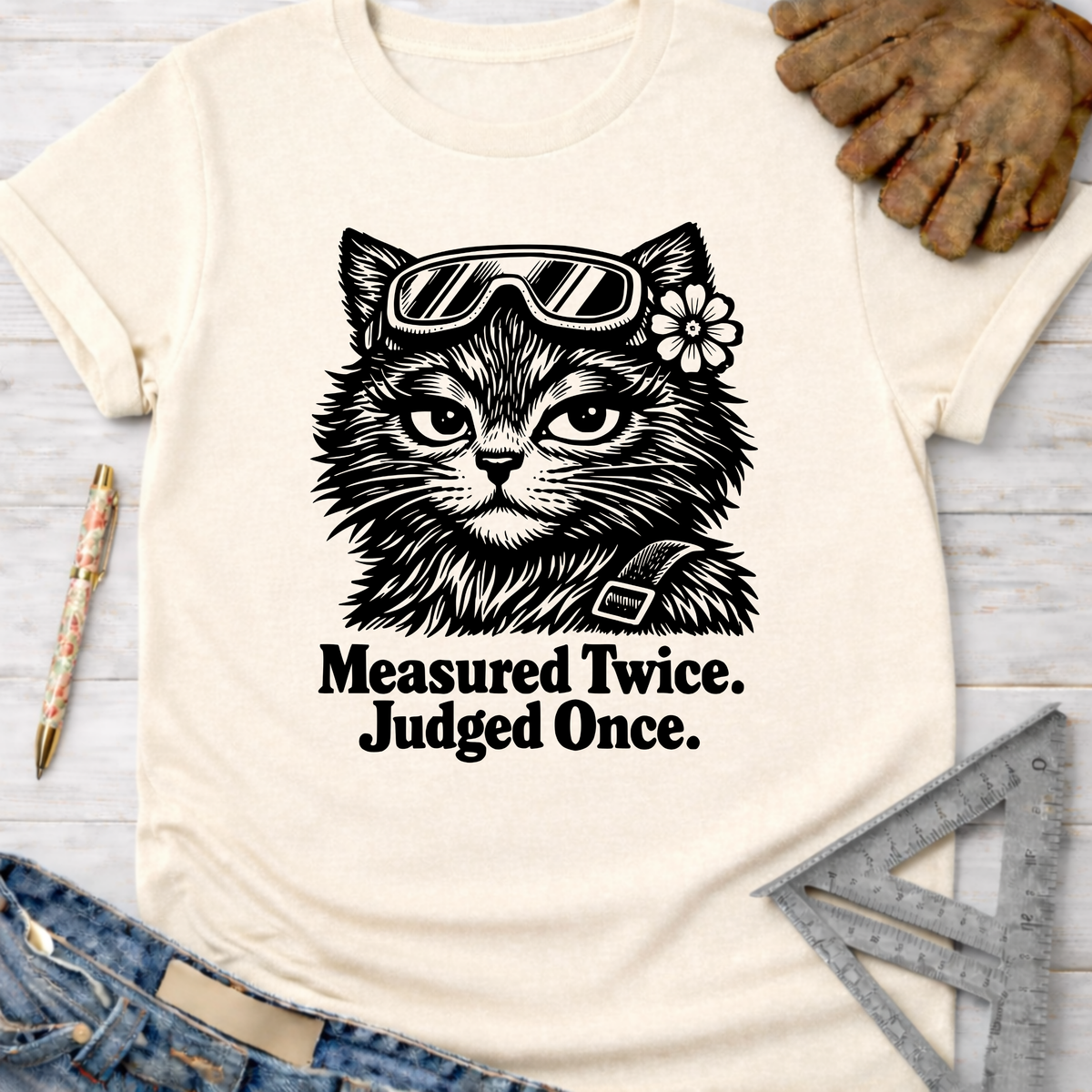 Women's funny woodworking graphic tee shirt for female woodworkers, makers, and DIY builders — Sawdust & Ponytails. Cream t-shirt with a black graphic of a cat wearing goggles and a flower, text "Measured Twice. Judged Once.