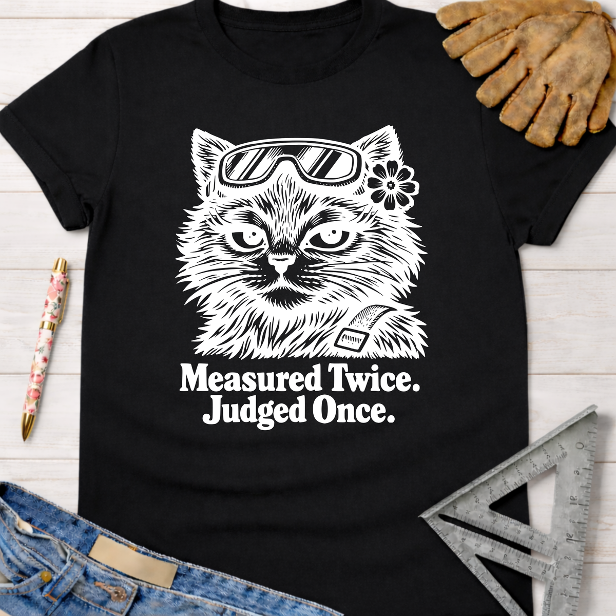 Black cotton tee with "Measured Twice. Judged Once." and a cat in goggles. Women's funny woodworking graphic tee shirt for female woodworkers, makers, and DIY builders — Sawdust & Ponytails