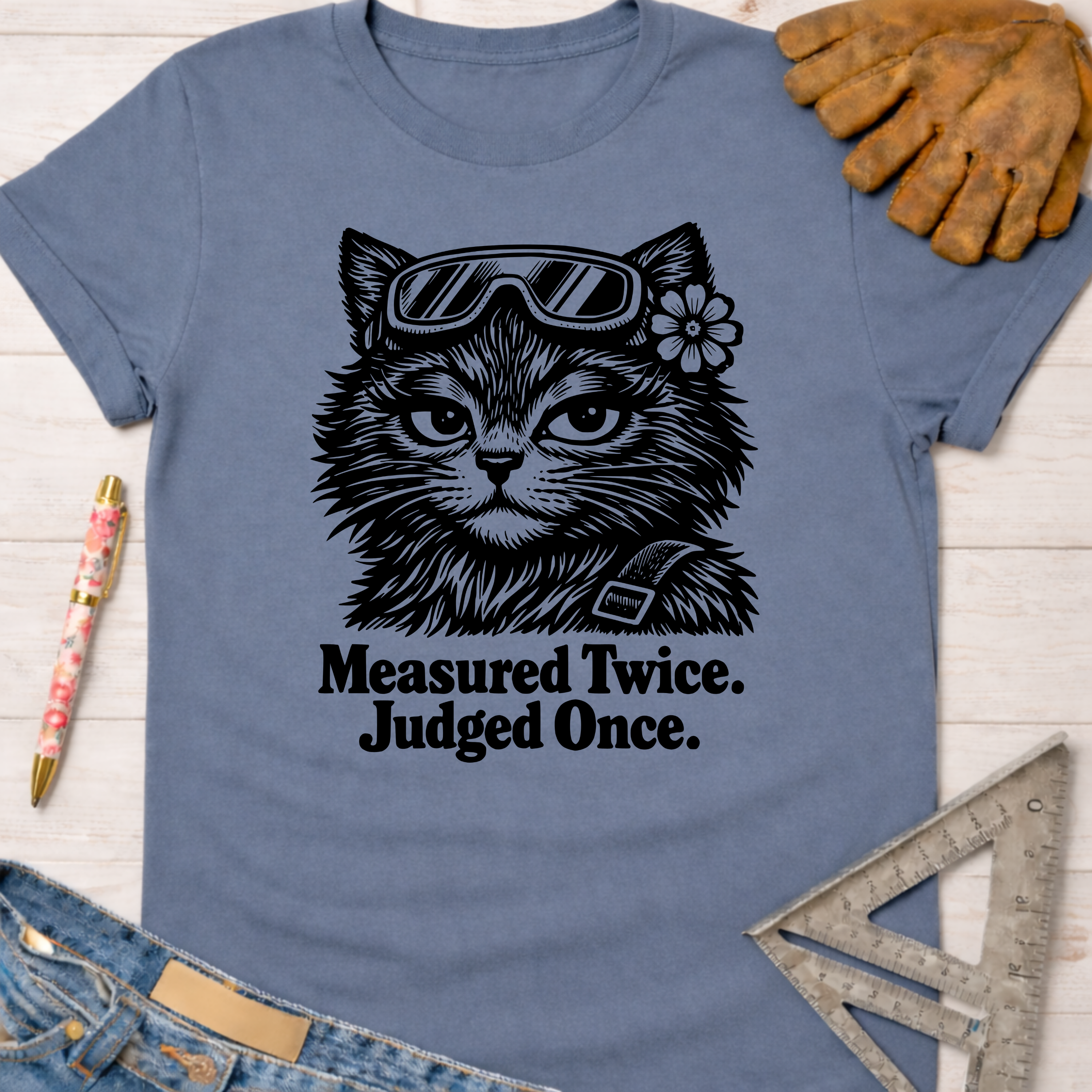 Women's funny woodworking graphic tee shirt for female woodworkers, makers, and DIY builders — Sawdust & Ponytails. Blue cotton tee with a black graphic of a cat in goggles and "Measured Twice. Judged Once.