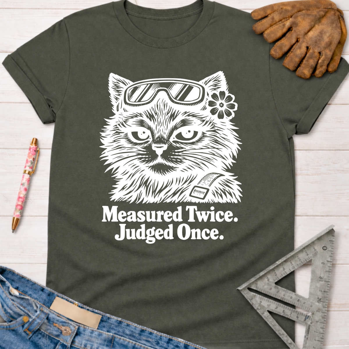 Women's funny woodworking graphic tee shirt for female woodworkers, makers, and DIY builders — Sawdust & Ponytails. Dark gray tee with white "Judgy Gato" cat wearing safety goggles and "Measured Twice. Judged Once." text.