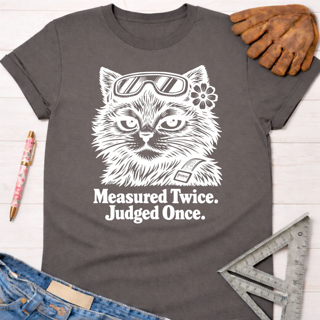 Women's funny woodworking graphic tee shirt for female woodworkers, makers, and DIY builders — Sawdust & Ponytails. Dark gray tee with white "Judgy Gato" cat wearing goggles and flower, text "Measured Twice. Judged Once.