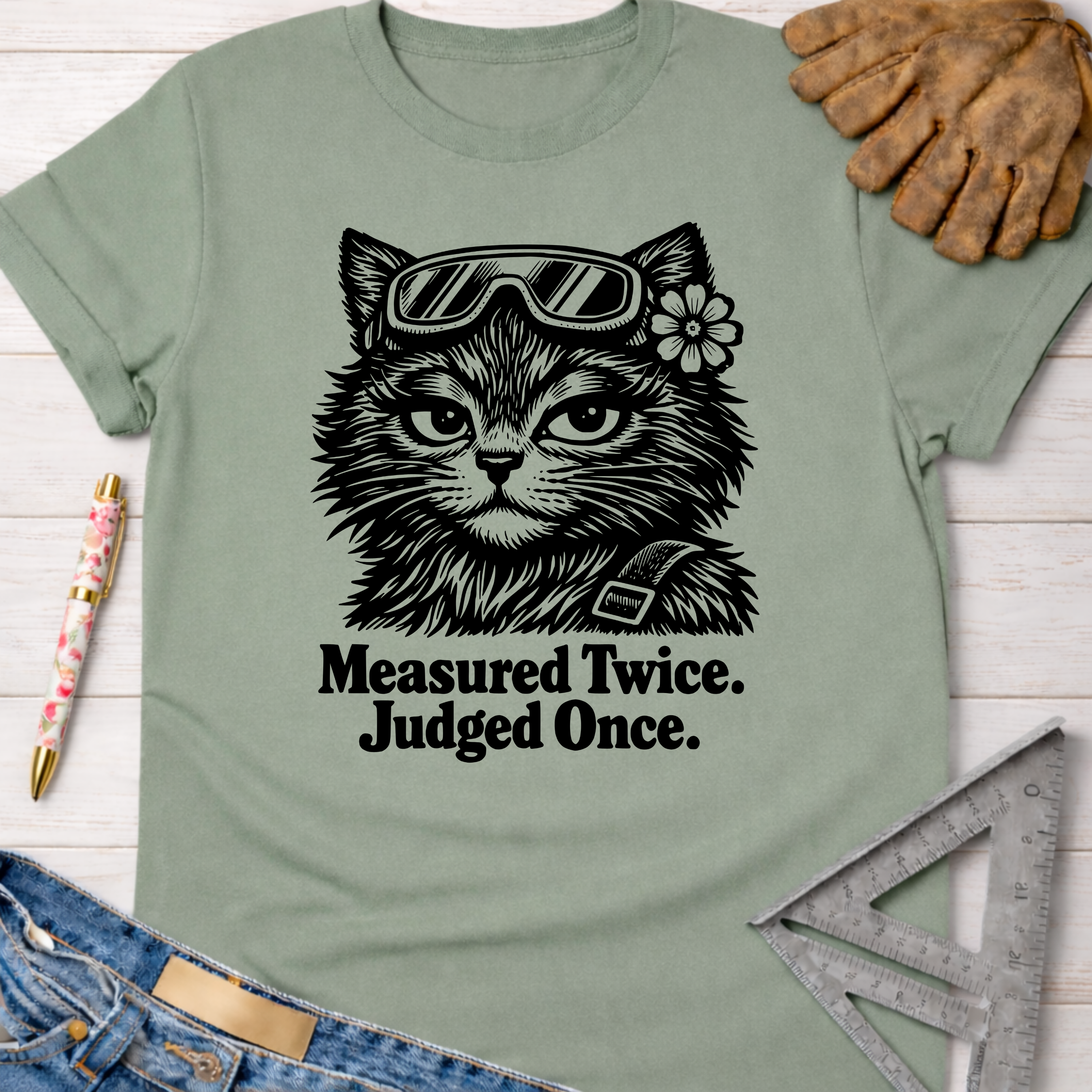 Women's funny woodworking graphic tee shirt for female woodworkers, makers, and DIY builders — Sawdust & Ponytails. Sage green cotton t-shirt with a black graphic of a cat wearing goggles and a flower, text "Measured Twice. Judged Once.