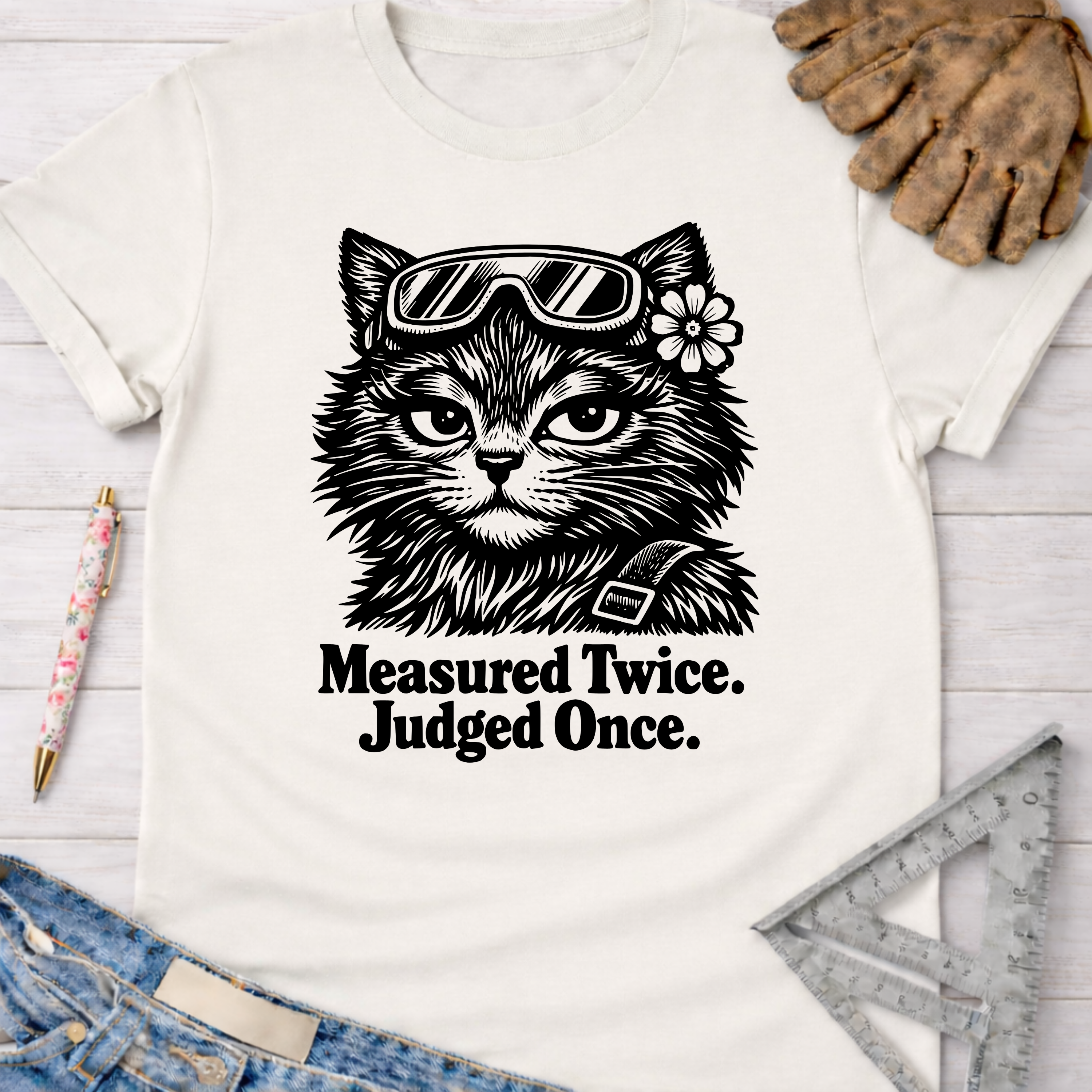 Women's funny woodworking graphic tee shirt for female woodworkers, makers, and DIY builders — Sawdust & Ponytails. Cream cotton tee with black "Judgy Gato" cat wearing goggles and flower, text "Measured Twice. Judged Once.