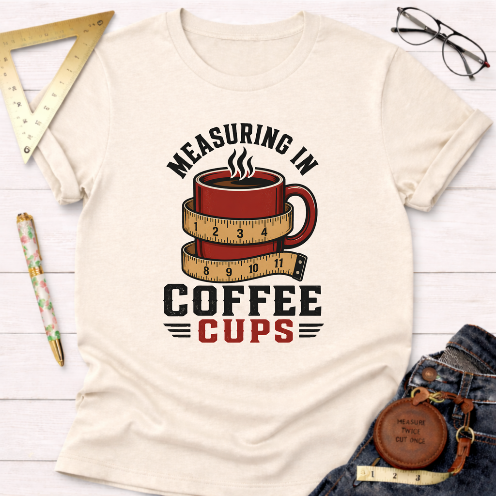 Cream t-shirt with "Measuring In Coffee Cups" design featuring a red coffee mug wrapped in a measuring tape.