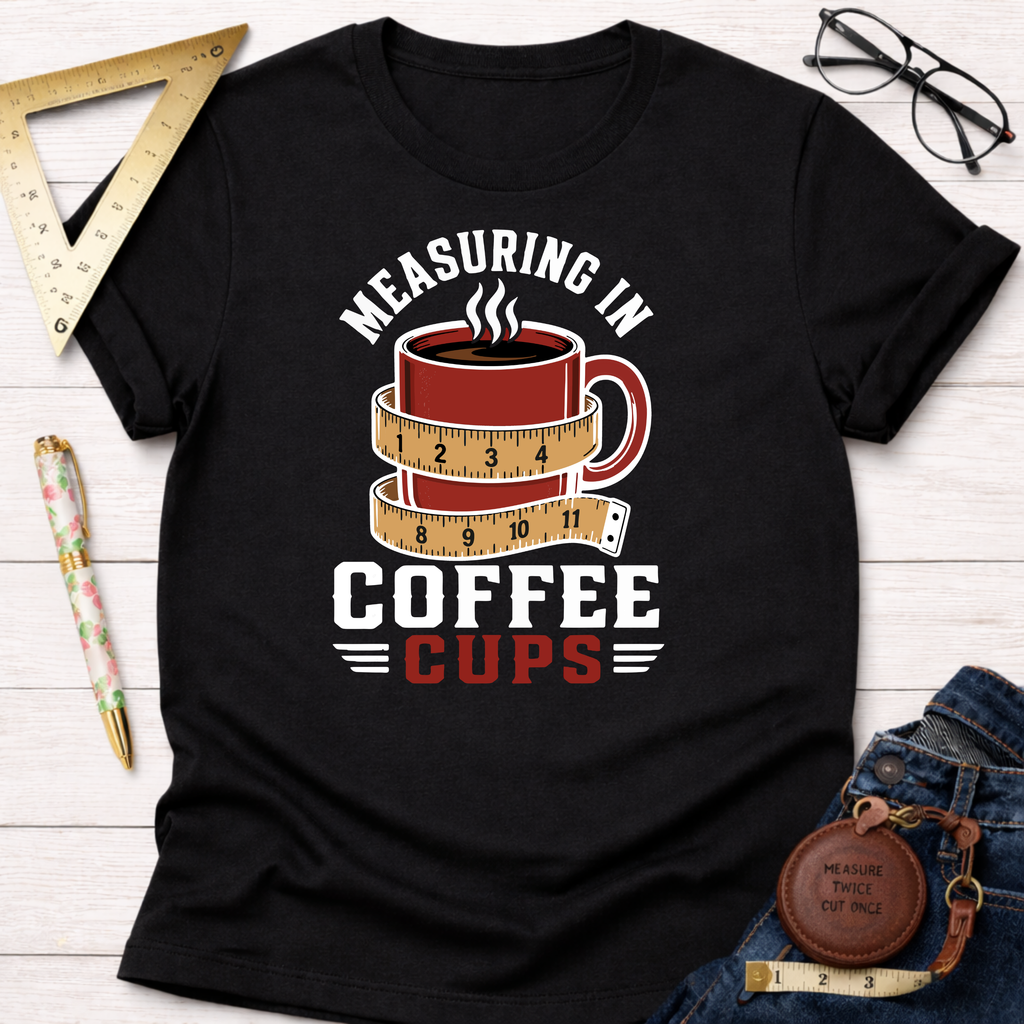 Black cotton t-shirt with "Measuring In Coffee Cups" graphic featuring a red coffee mug wrapped in a measuring tape.