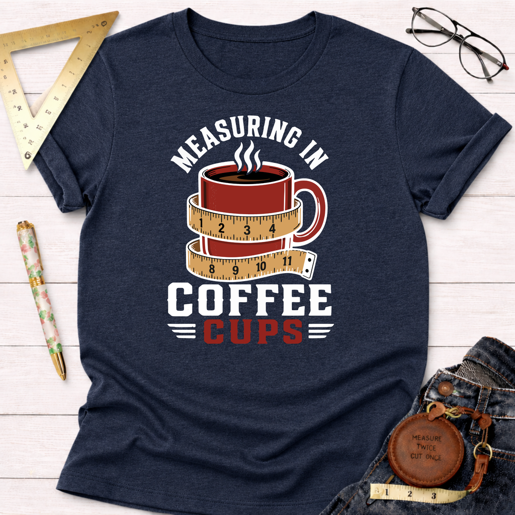 Navy blue heather t-shirt with "Measuring In Coffee Cups" graphic featuring a red coffee mug wrapped in a measuring tape.