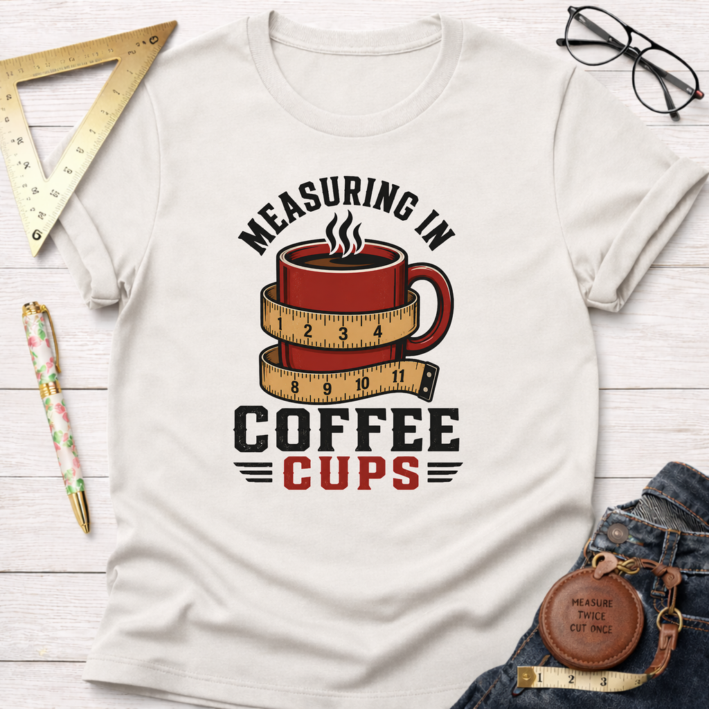 White cotton t-shirt with a red coffee mug wrapped in a measuring tape design and "Measuring In Coffee Cups" text.