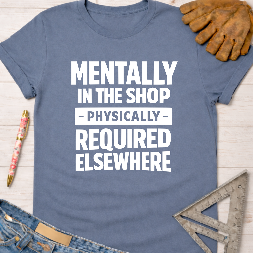Women's funny woodworking graphic tee shirt for female woodworkers, makers, and DIY builders — Sawdust & Ponytails. Blue cotton tee with "Mentally In The Shop - Physically - Required Elsewhere" in white text.