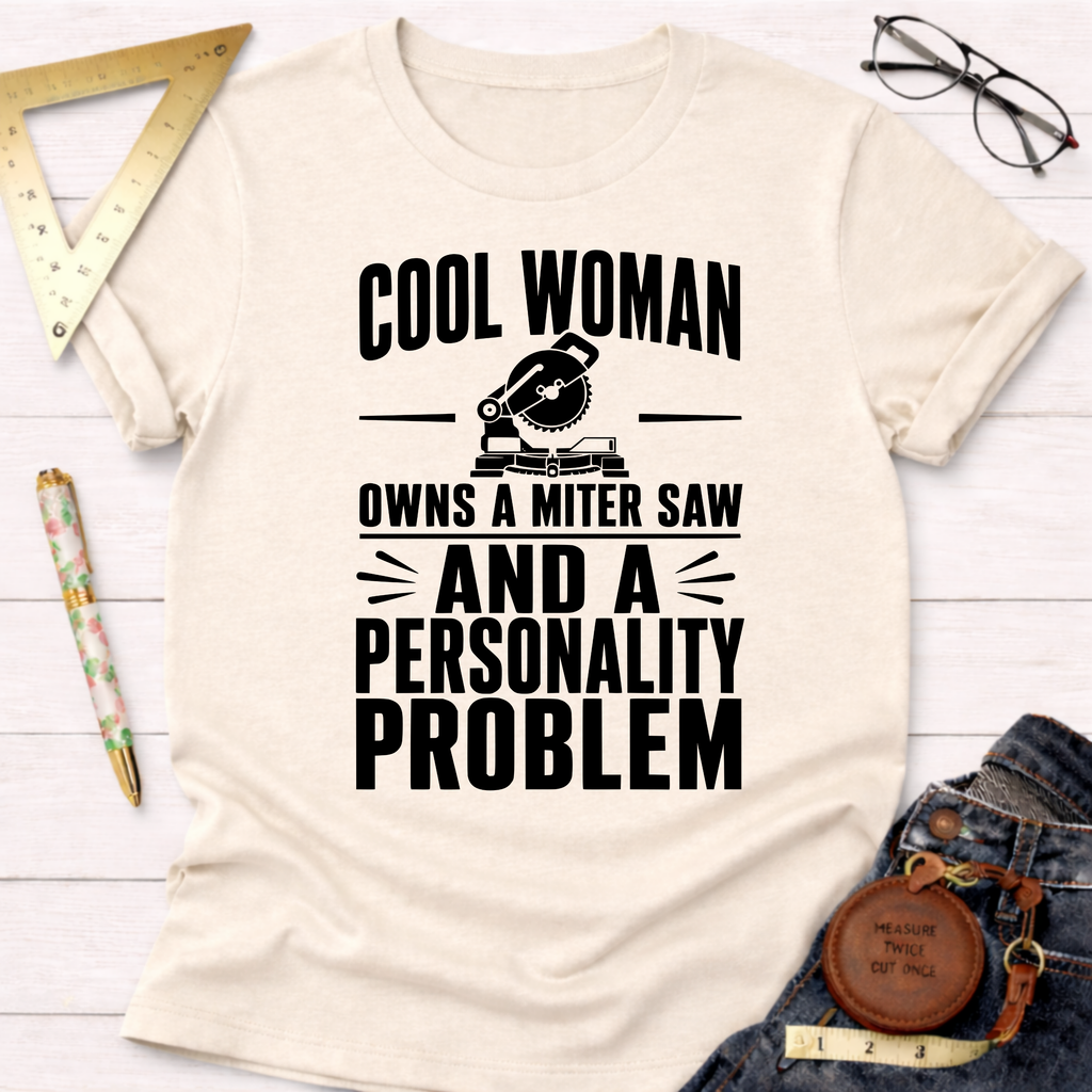 Cream cotton t-shirt with "Cool Woman Owns A Miter Saw And A Personality Problem" graphic.