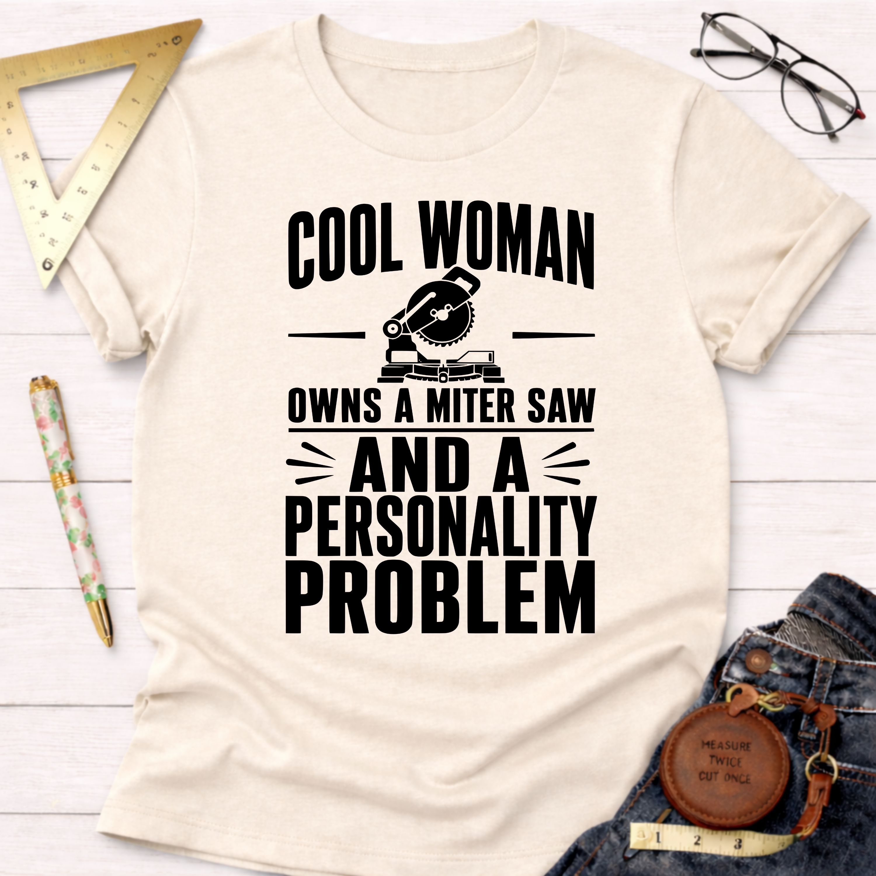 Cream cotton t-shirt with "Cool Woman Owns A Miter Saw And A Personality Problem" graphic.