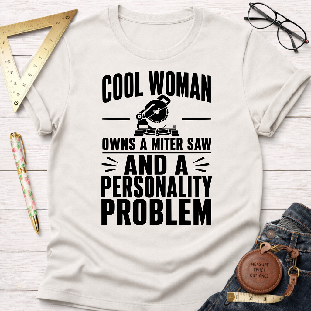 White cotton t-shirt with "Cool Woman Owns A Miter Saw And A Personality Problem" graphic.
