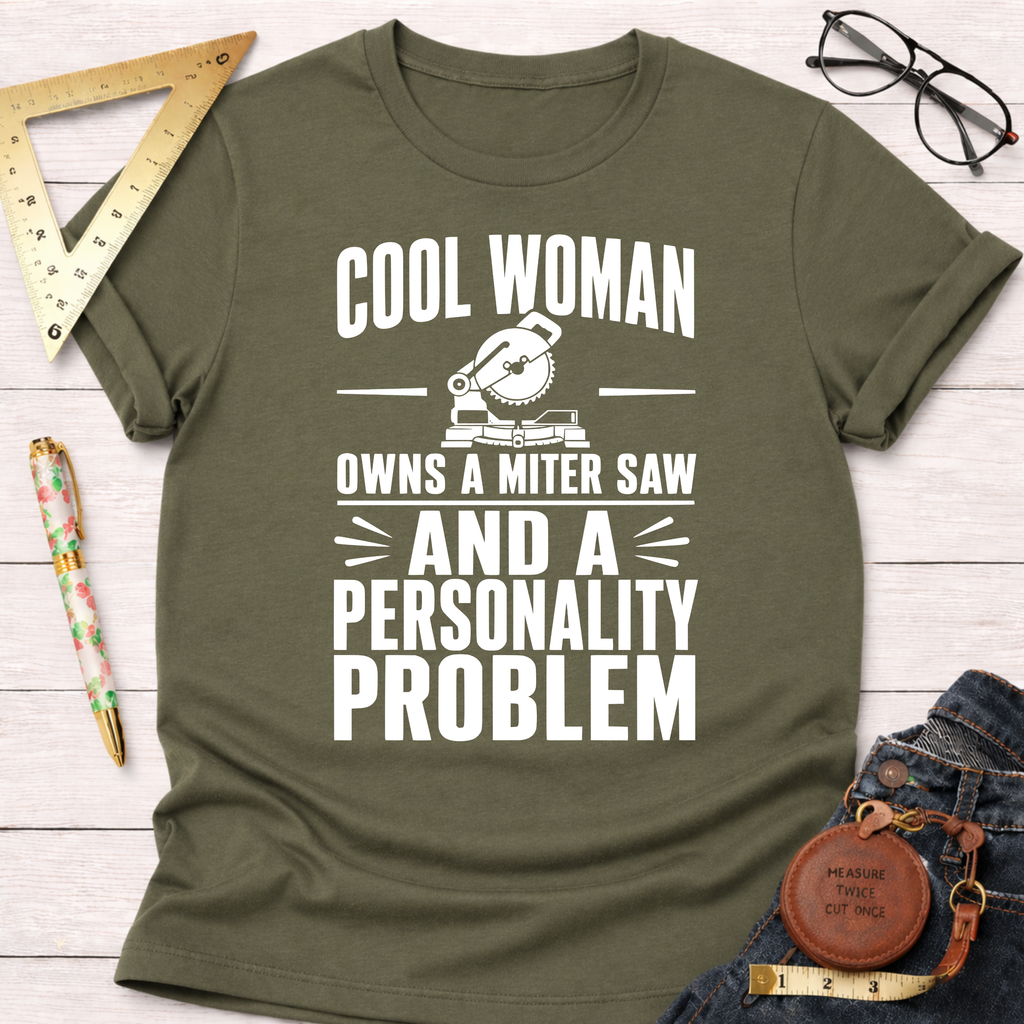 Olive green cotton t-shirt with "Cool Woman Owns A Miter Saw And A Personality Problem" graphic.