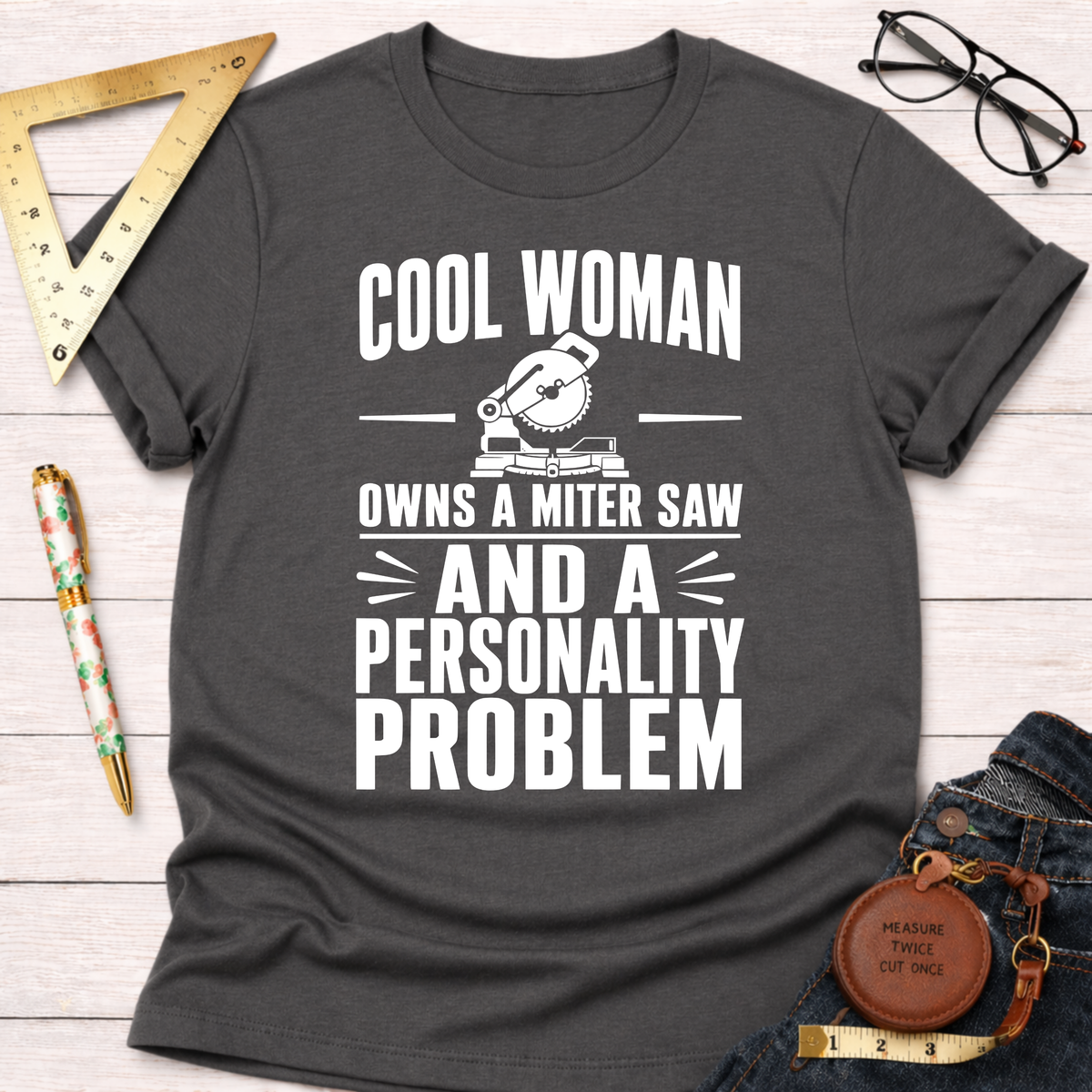 Dark gray cotton t-shirt with "Cool Woman Owns A Miter Saw And A Personality Problem" in white text.