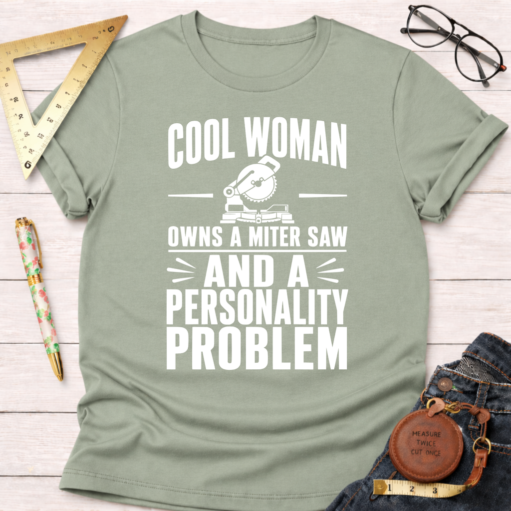 Sage green cotton t-shirt with "Cool Woman Owns A Miter Saw And A Personality Problem" graphic.