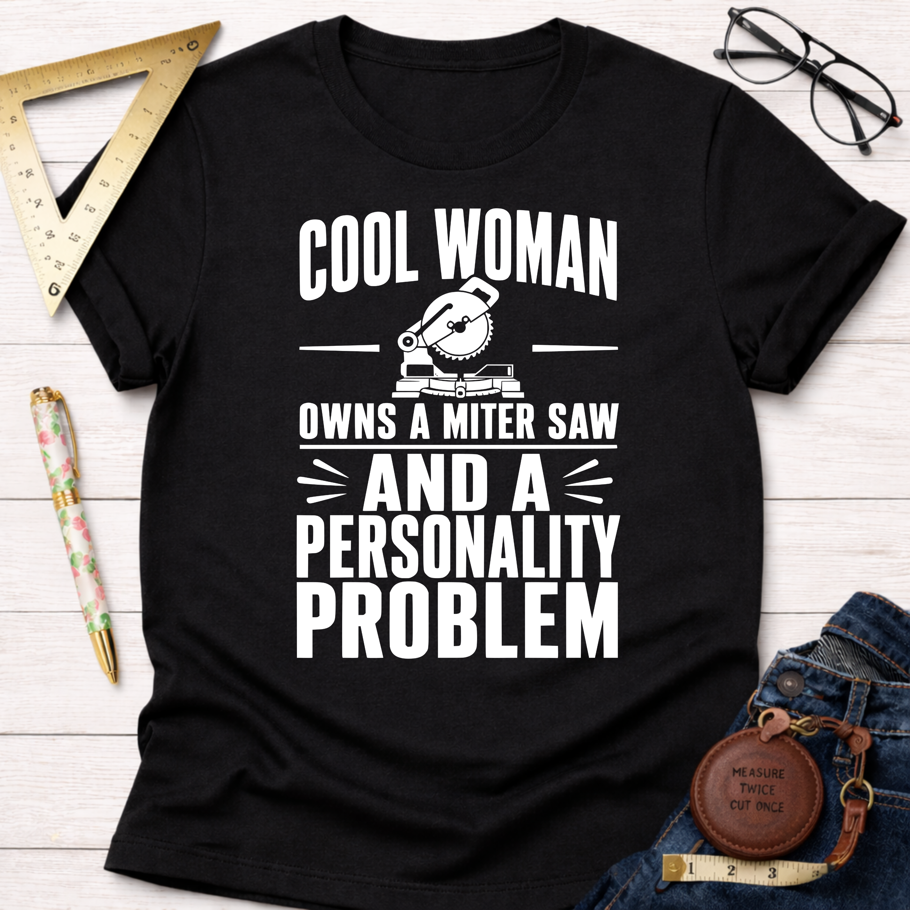 Black cotton t-shirt with "Cool Woman Owns A Miter Saw And A Personality Problem" graphic.