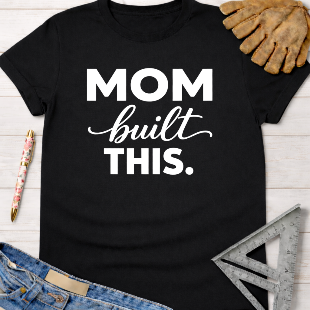 Black cotton t-shirt with "MOM built THIS." in white text, alongside work gloves and a ruler. Women's funny woodworking graphic tee shirt for female woodworkers, makers, and DIY builders — Sawdust & Ponytails