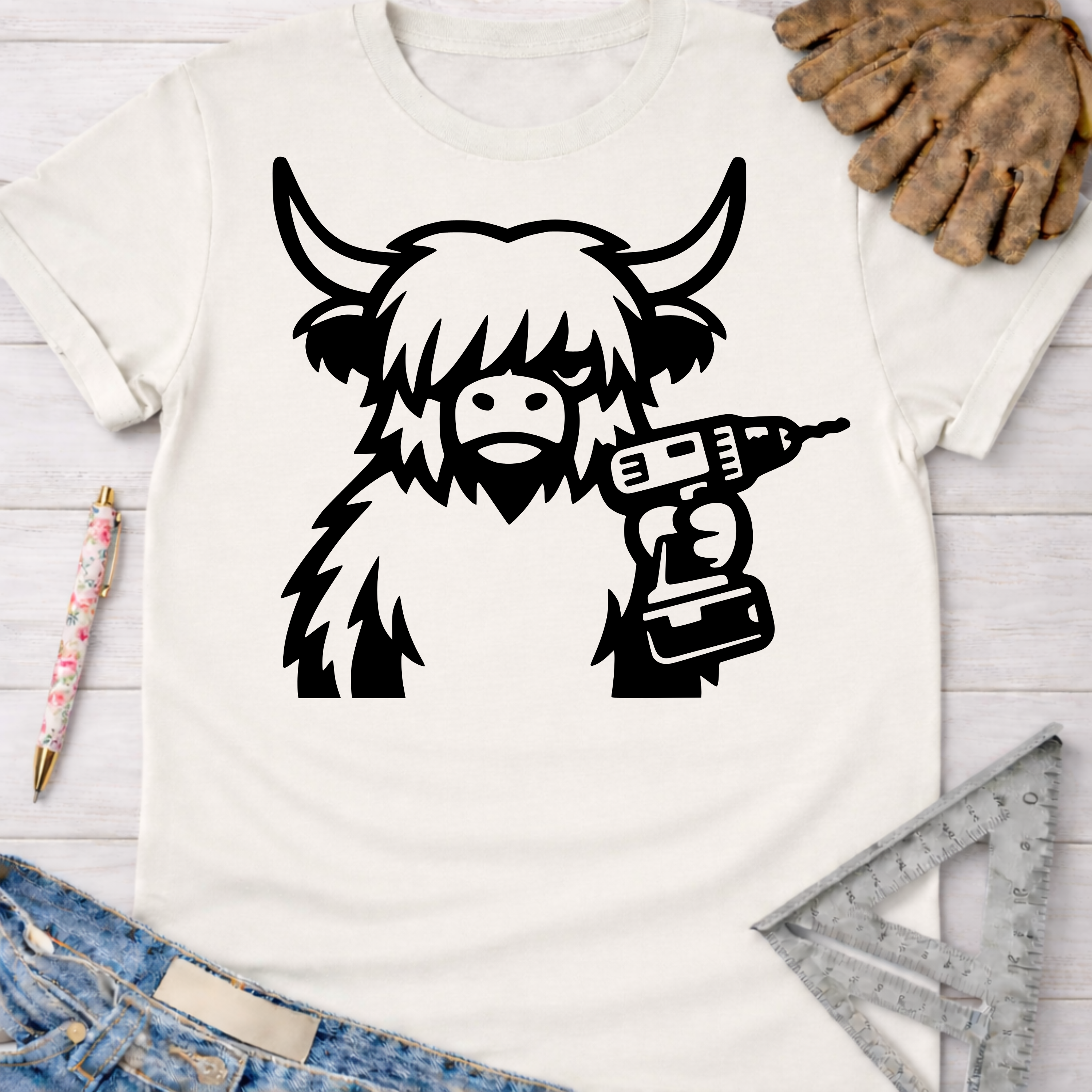 Women's funny woodworking graphic tee shirt for female woodworkers, makers, and DIY builders — Sawdust & Ponytails. White cotton t-shirt with a black cartoon Highland cow holding a drill.