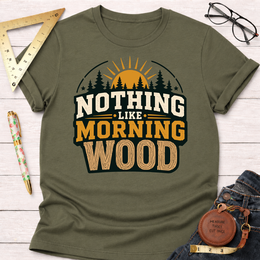 Olive green "Nothing Like Morning Wood" t-shirt with a sunrise, trees, and wood texture design.
