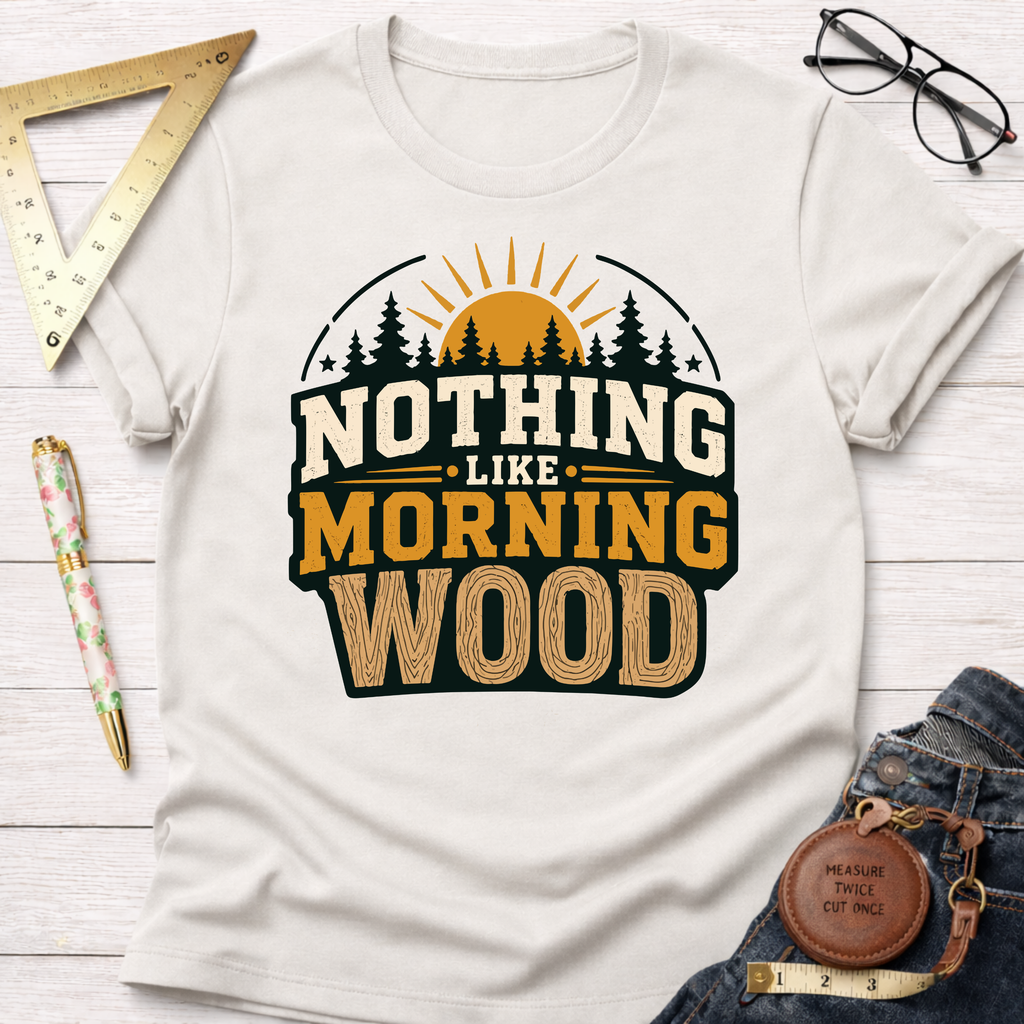 Cream "Nothing Like Morning Wood" T-shirt with a forest and sunrise graphic, made from soft cotton.
