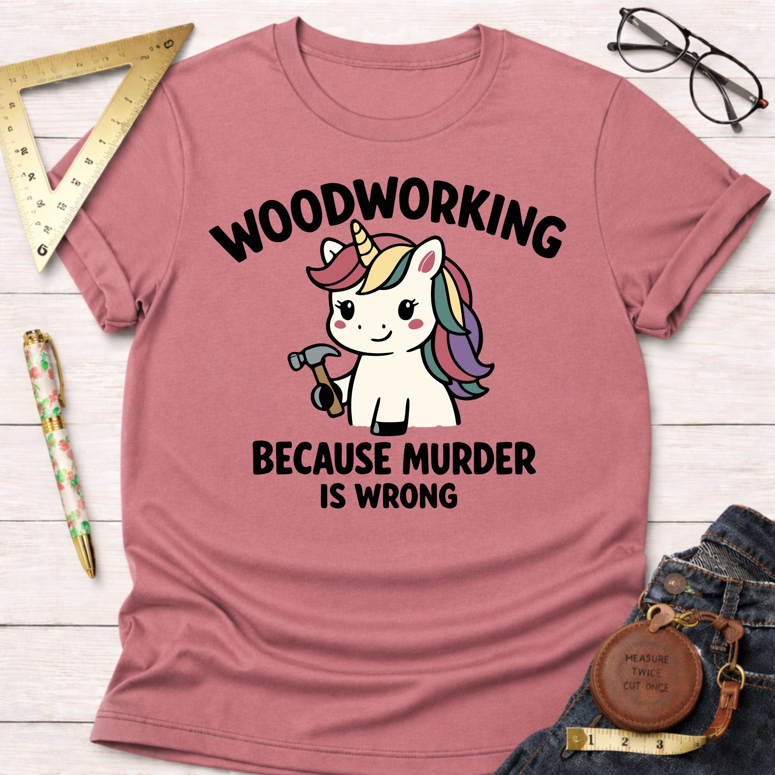 Pink heather t-shirt with a cute unicorn holding a hammer and "Woodworking Because Murder Is Wrong" text.