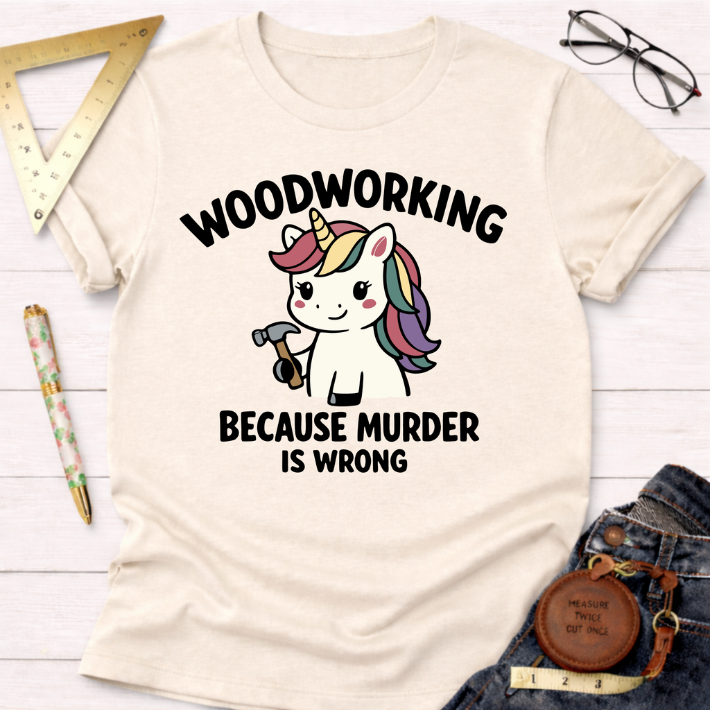 Cream t-shirt with "Woodworking Because Murder Is Wrong" text and a happy unicorn holding a hammer.