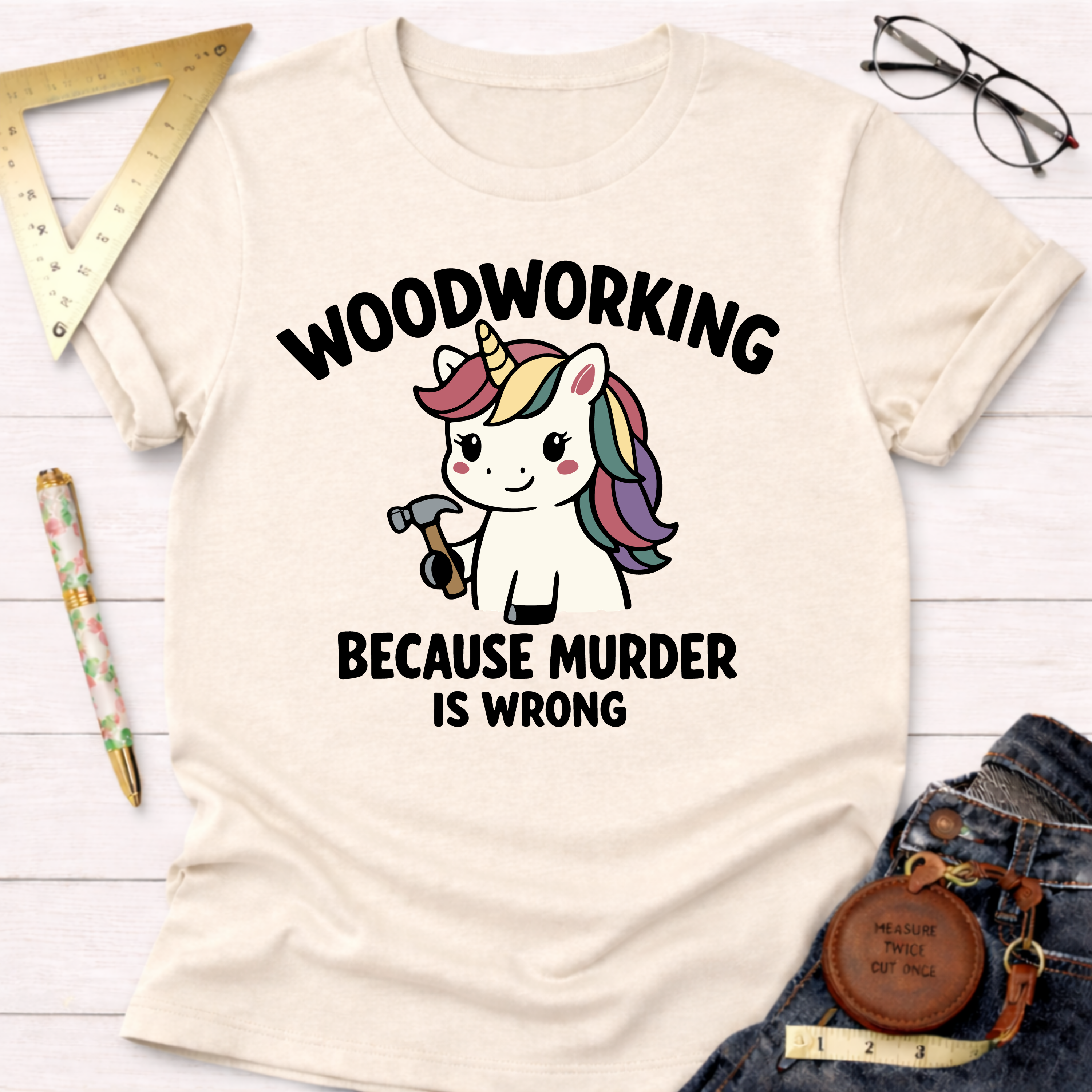Cream t-shirt with "Woodworking Because Murder Is Wrong" text and a happy unicorn holding a hammer.
