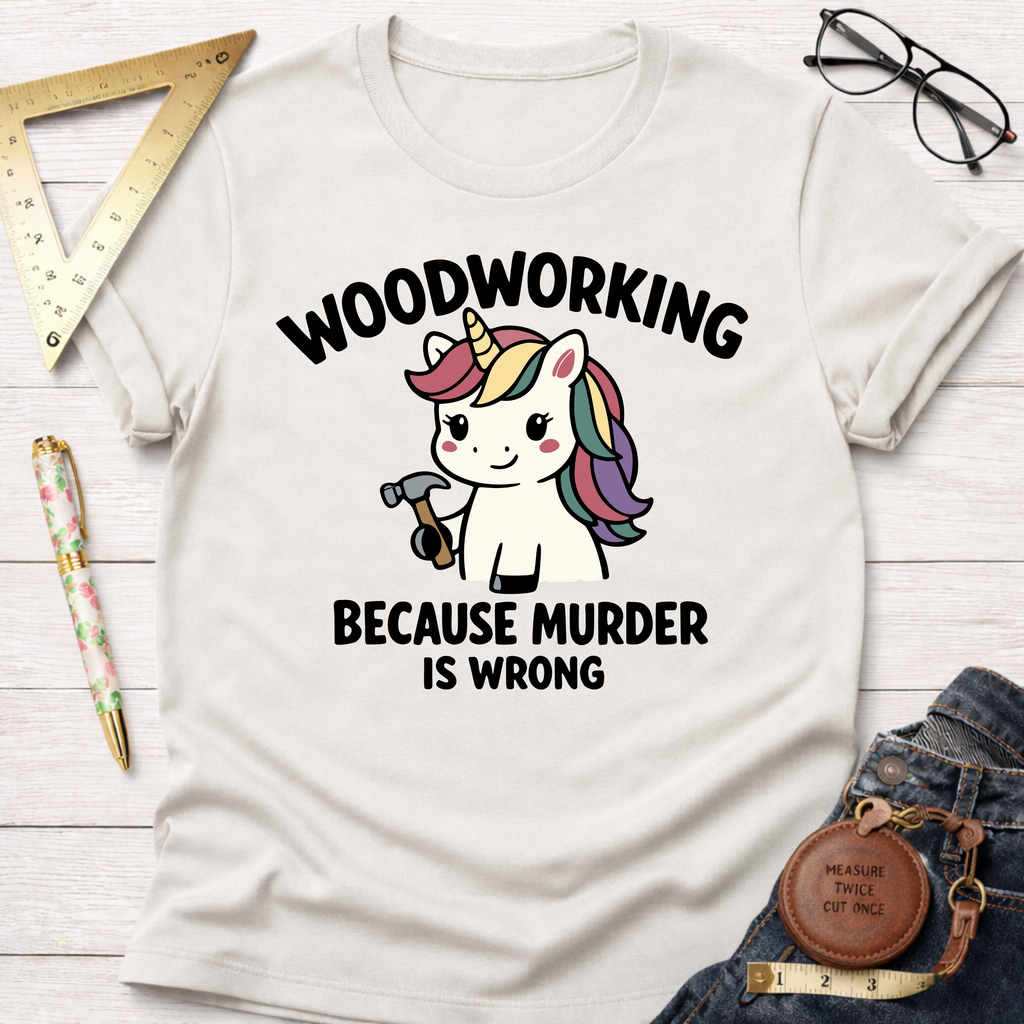 White t-shirt with "Woodworking Because Murder Is Wrong" text and a cute unicorn holding a hammer.