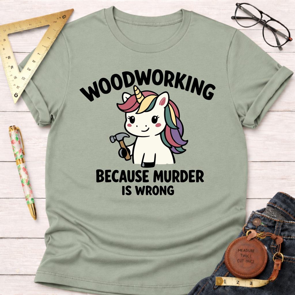 Sage green t-shirt with a cute unicorn holding a hammer and "Woodworking Because Murder Is Wrong" text.