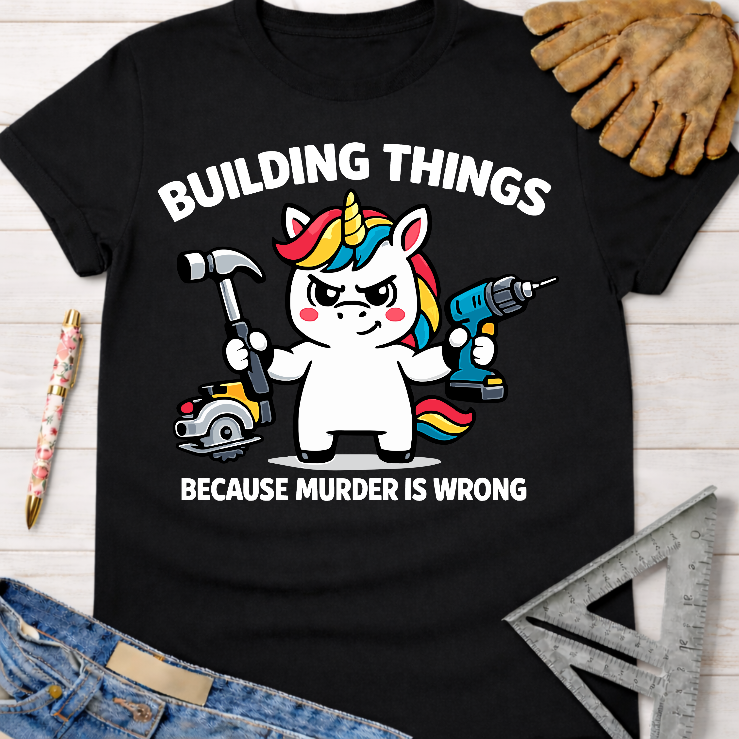 Black cotton women's funny woodworking graphic tee with a unicorn holding a hammer and drill. Sawdust & Ponytails.